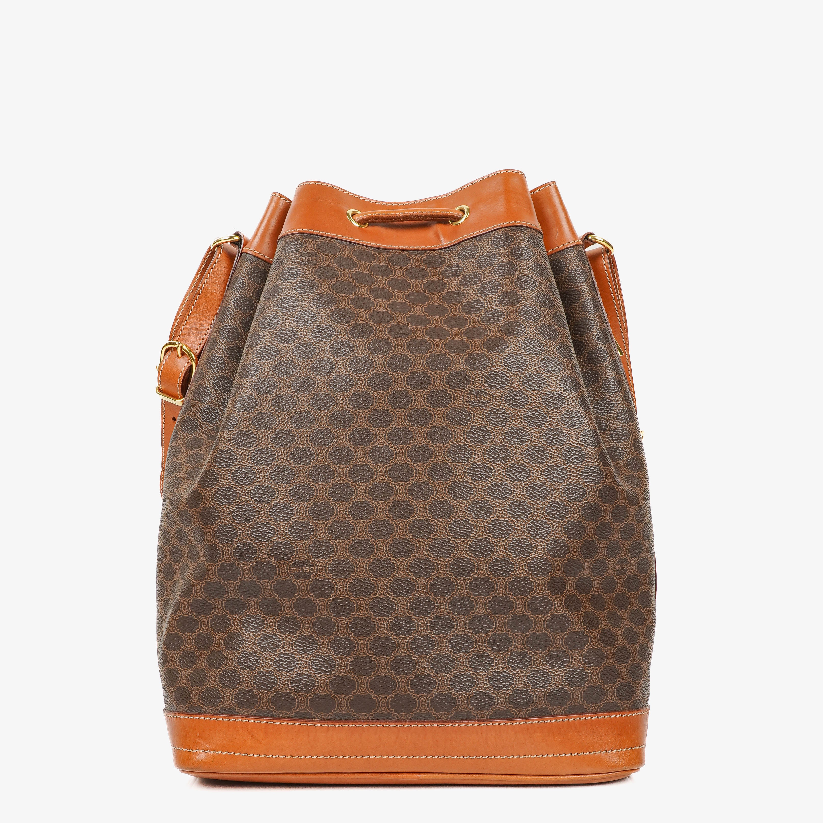 Celine Vintage Macadam Triomphe Brown Drawstring Bucket Bag
