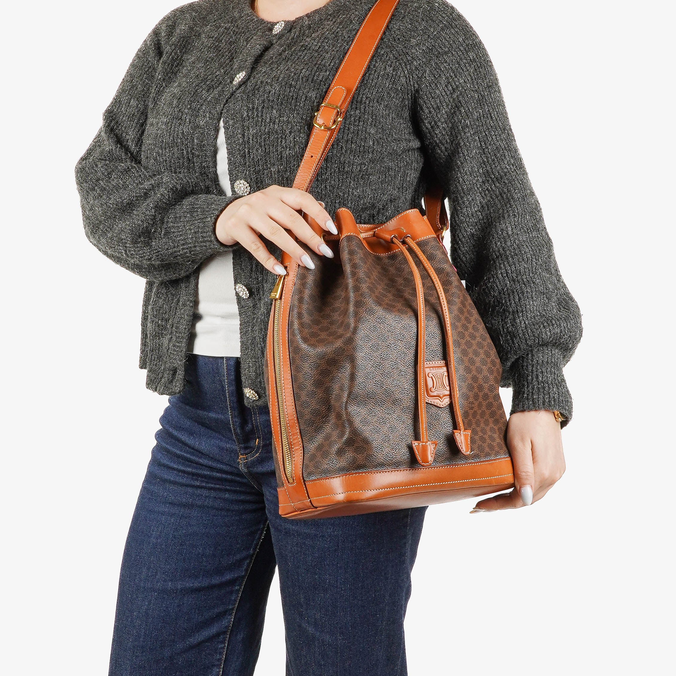 Celine Vintage Macadam Triomphe Brown Drawstring Bucket Bag