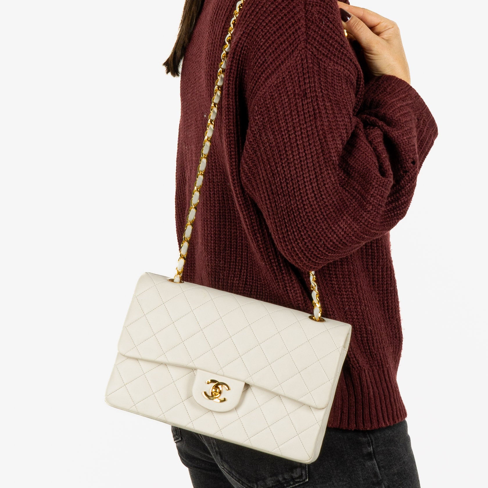 Chanel Medium Classic Vintage Double Flap Bag In White Quilted Lambskin And 24K Gold-Plated Hardware