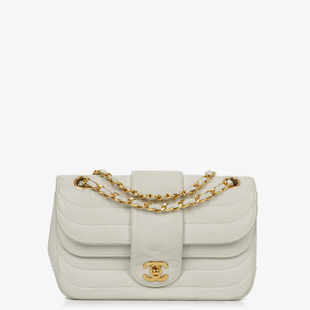Chanel White Horizontal Quilted Small Double Flap Bag With 24K Gold-Plated Hardware