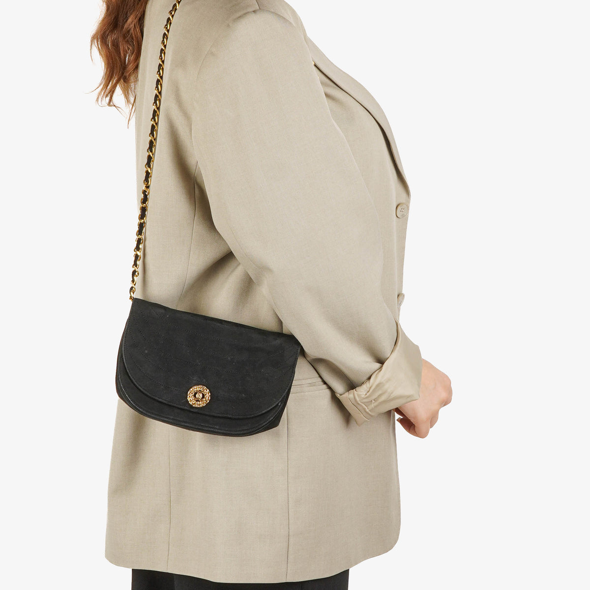 Chanel Black Suede Half Moon Flap Bag