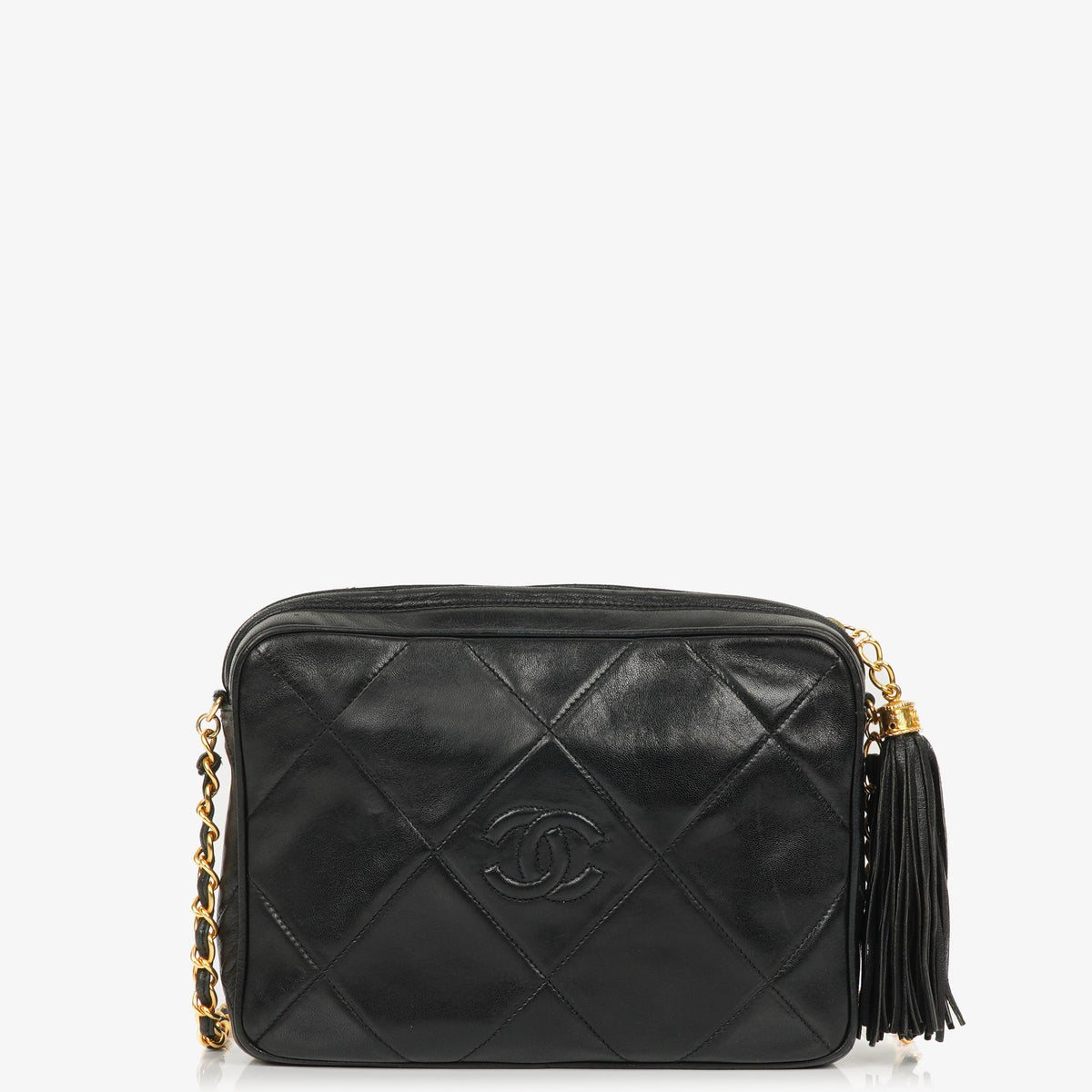 Chanel Vintage CC Black Quilted Lambskin Medium Camera Tassel Shoulder Bag