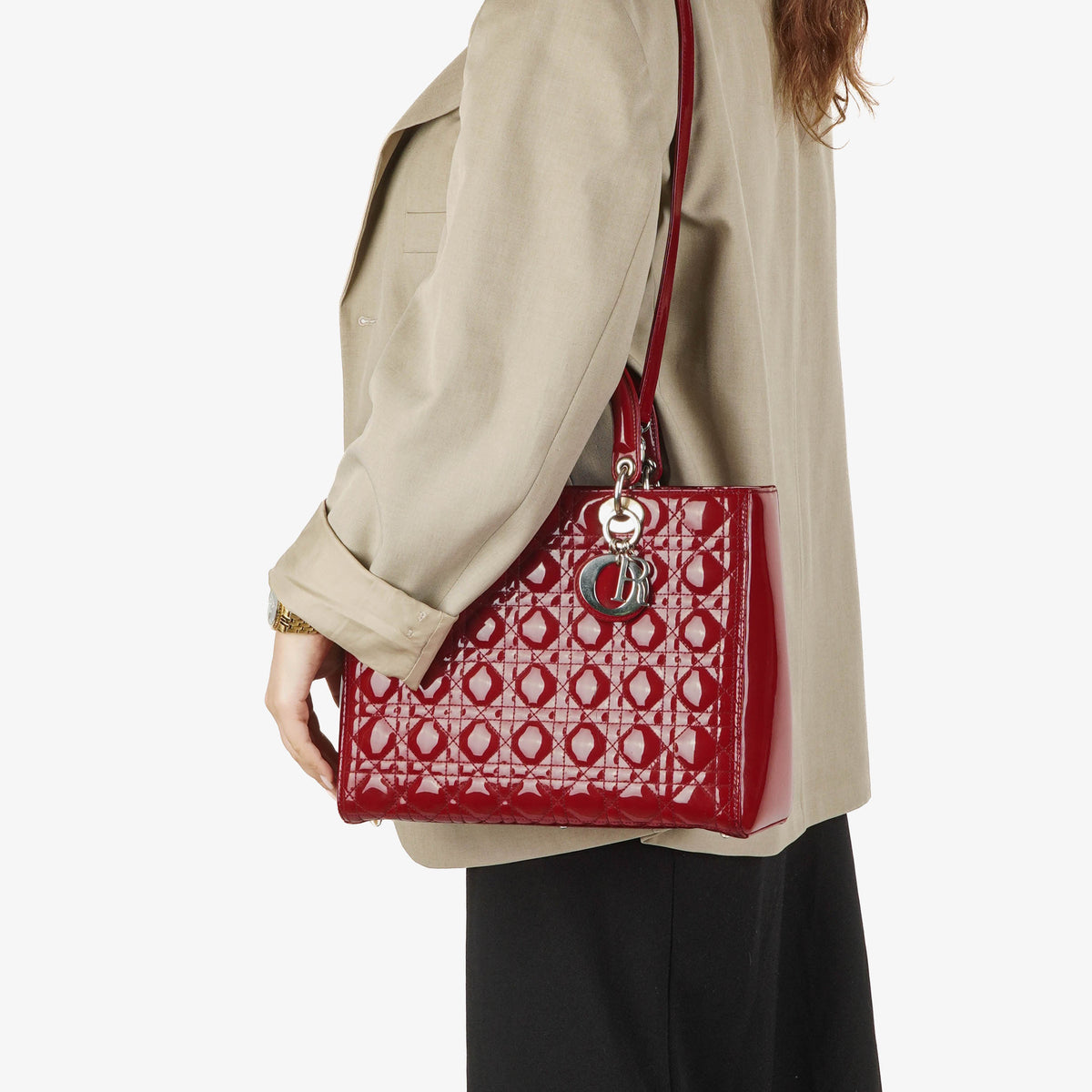 Dior Lady Dior Vintage Large Red Patent Calfskin Handbag