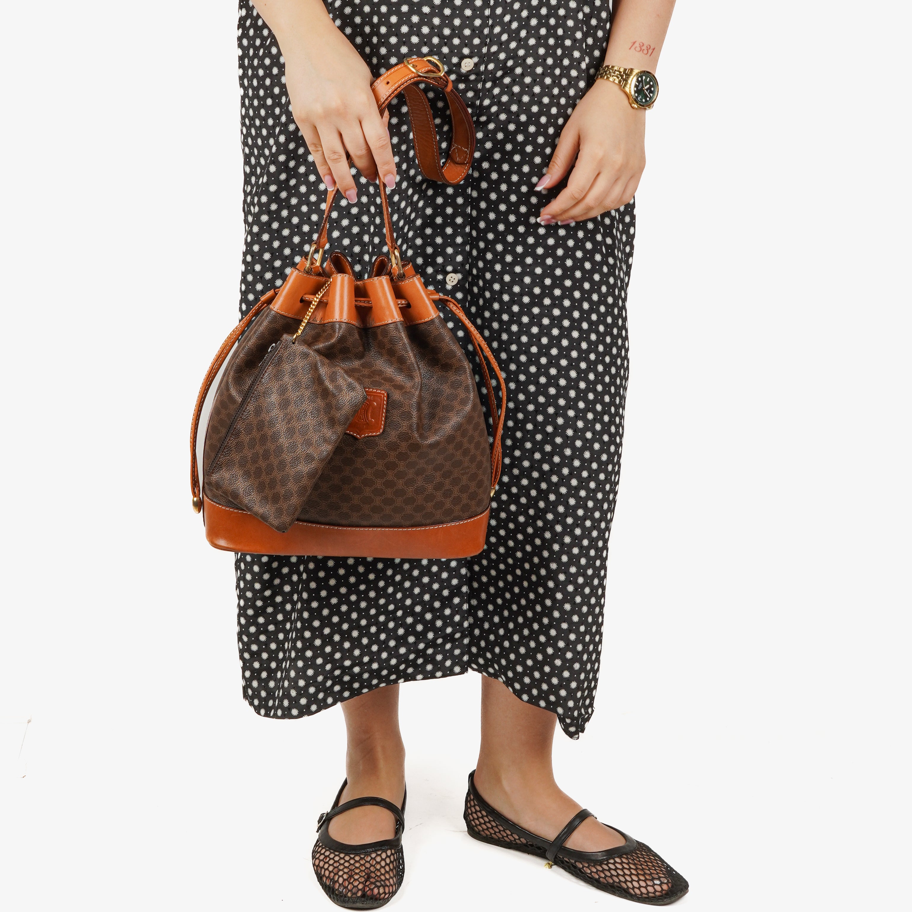 Celine Vintage Macadam Triomphe Drawstring Bucket Bag