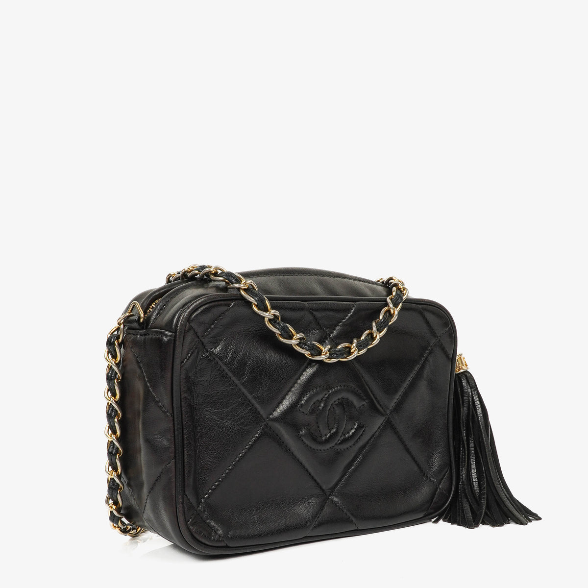 Chanel Vintage Camera Tassel Bag CC Black Quilted Leather