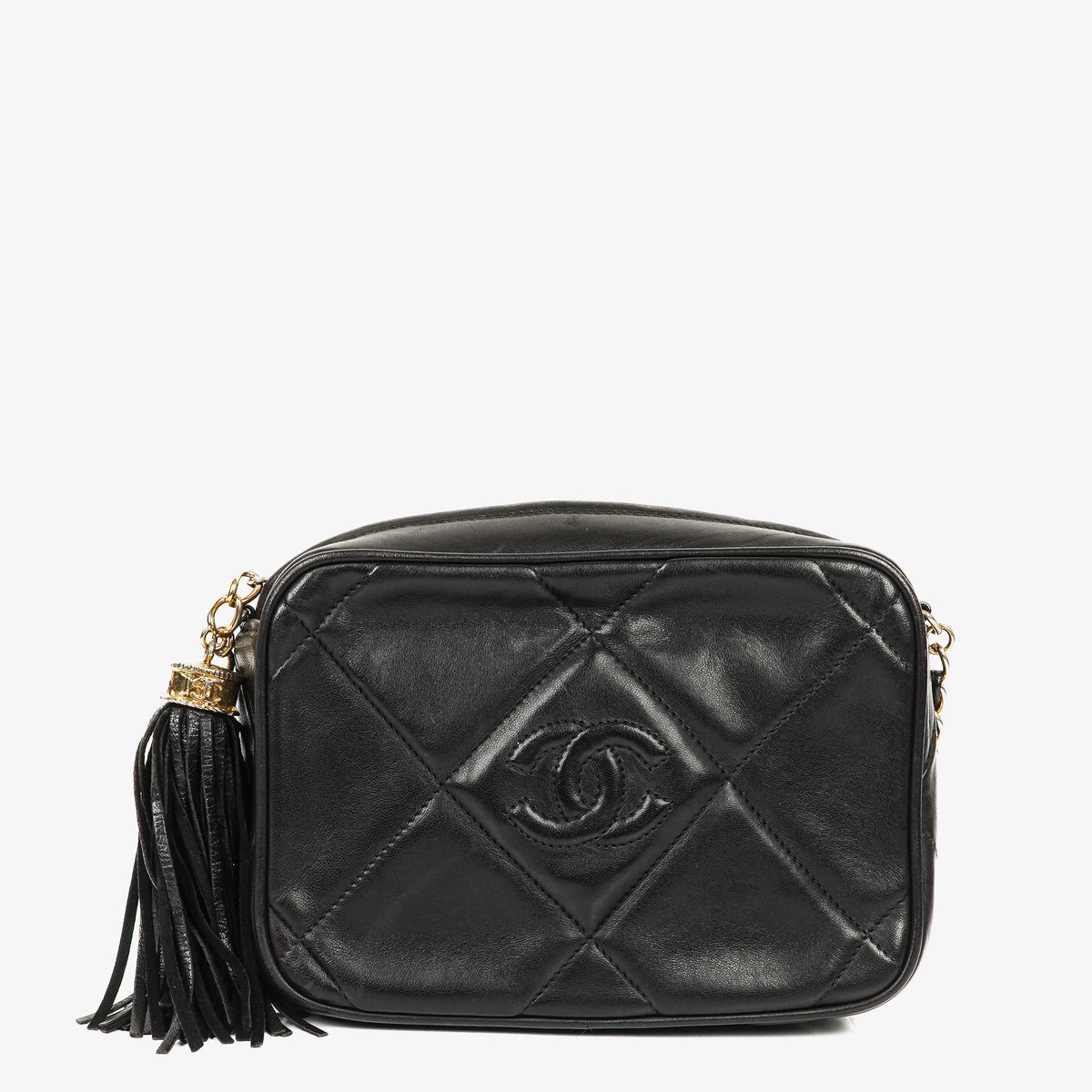 Chanel Vintage Camera Tassel Bag CC Black Quilted Leather