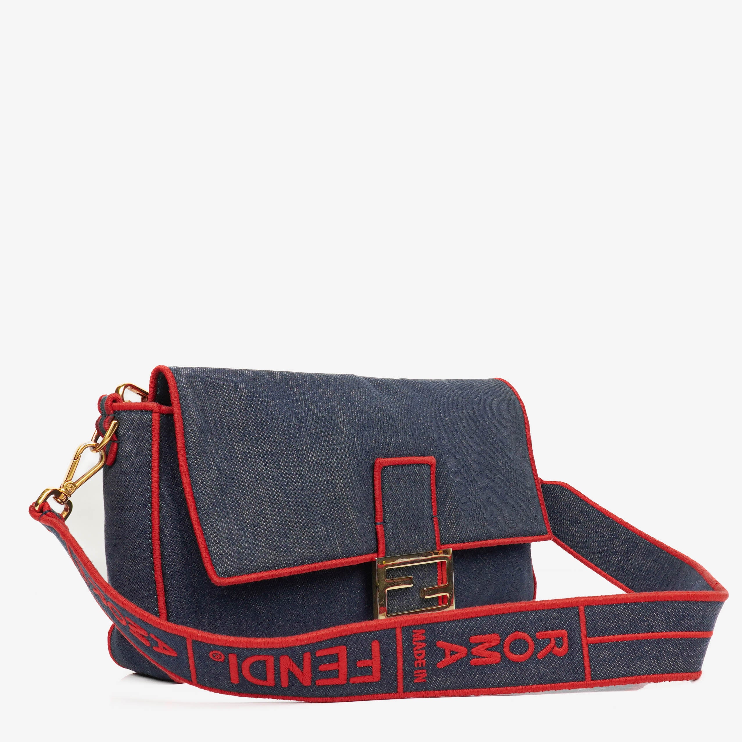 Fendi Denim Blue Red Large Baguette Shoulder Bag