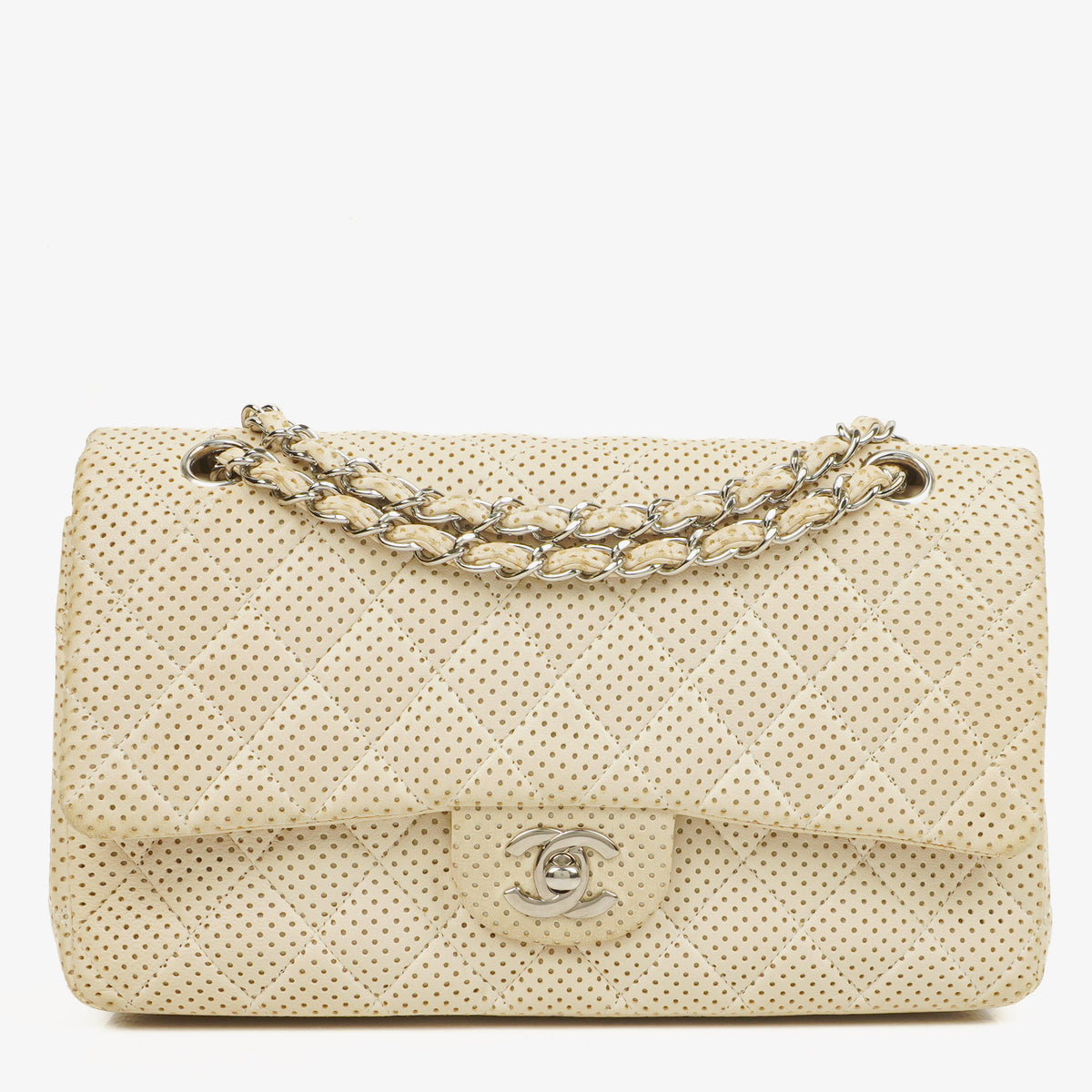Chanel Beige Classic Medium Perforated Quilted Lambskin Double Flap Bag