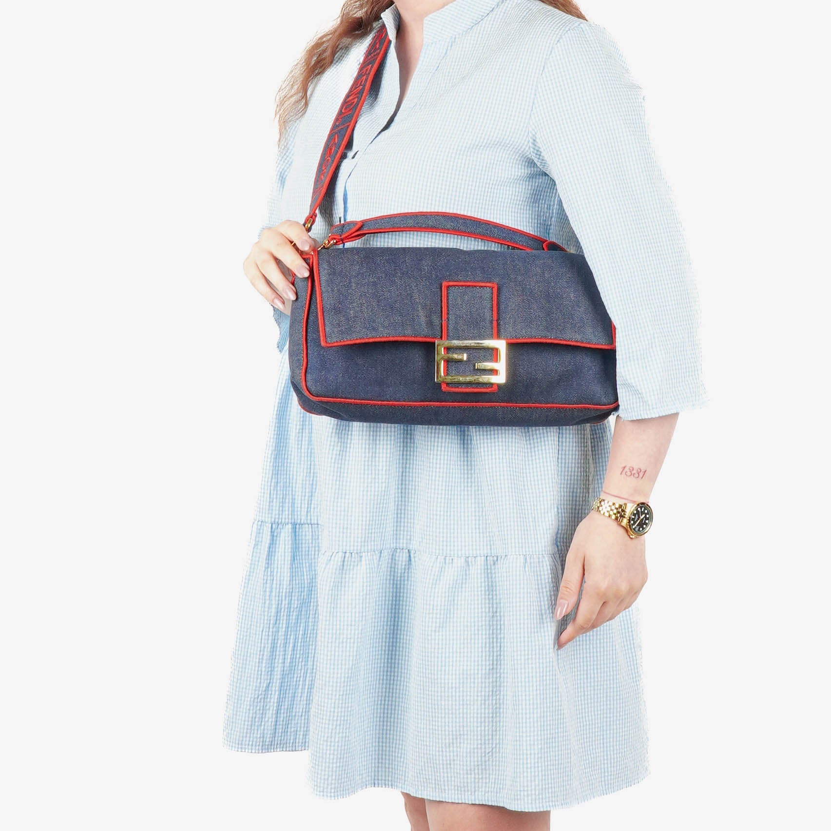 Fendi Denim Blue Red Large Baguette Shoulder Bag