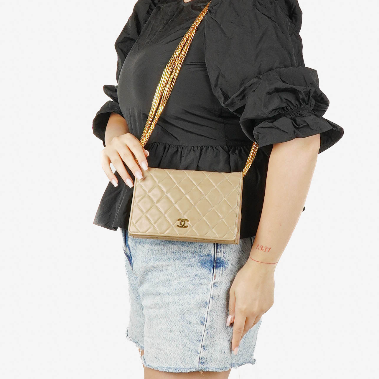 Chanel Beige Quilted Leather Vintage Full Flap Wallet On Chain WOC With Gold-Tone Hardware