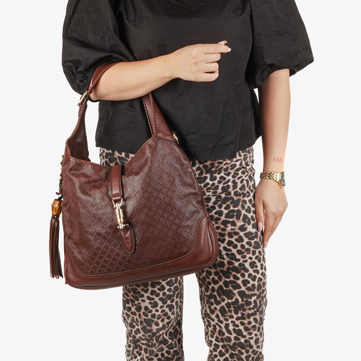Gucci New Jackie Diamante Leather Bamboo Tassel Hobo Bag