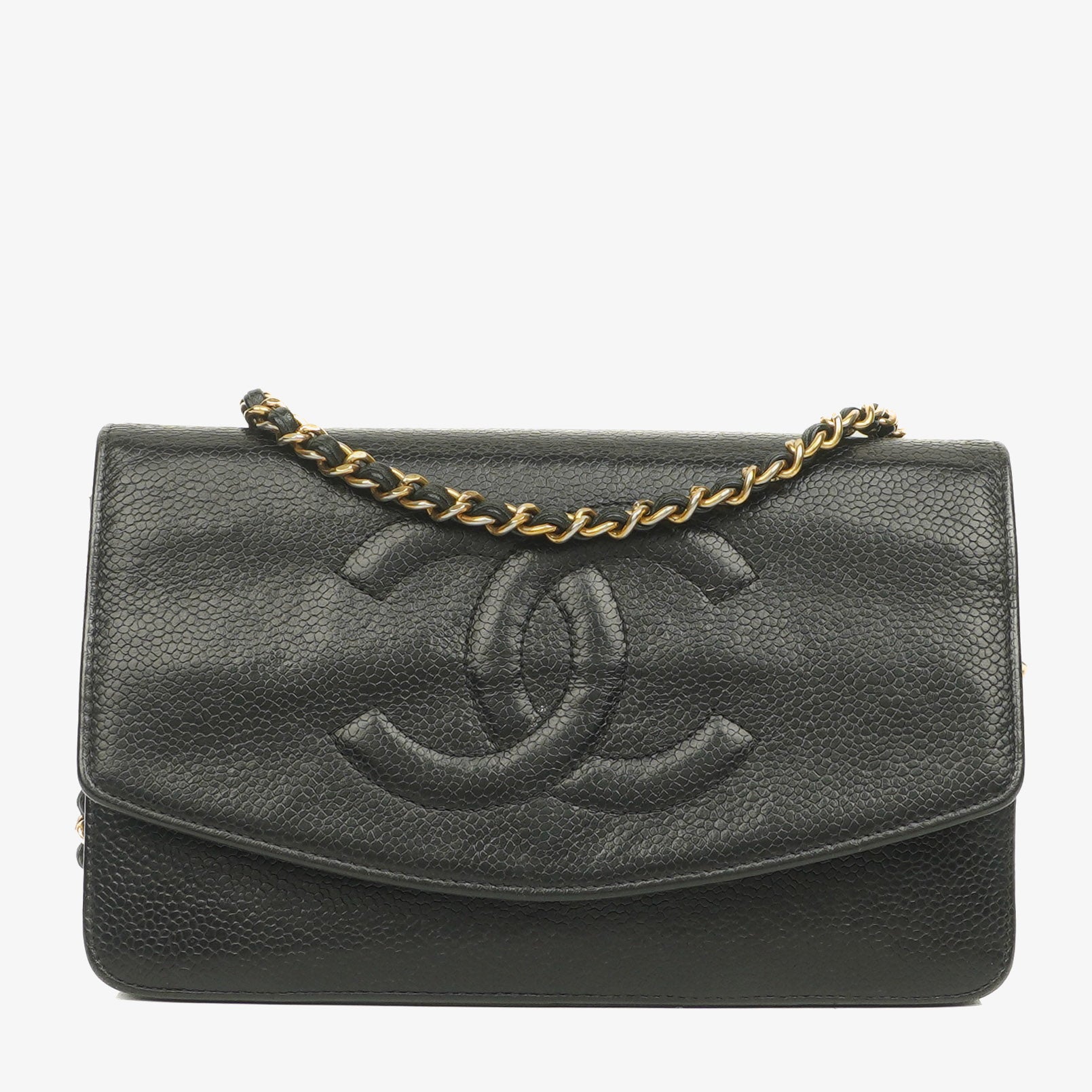 Chanel Schwarze Caviar Timeless CC Geldbörse an Kette WOC