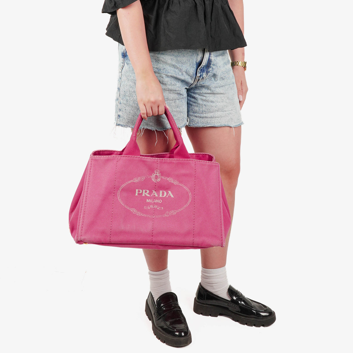 Prada Peonia Canapa Denim Logo Tote Bag