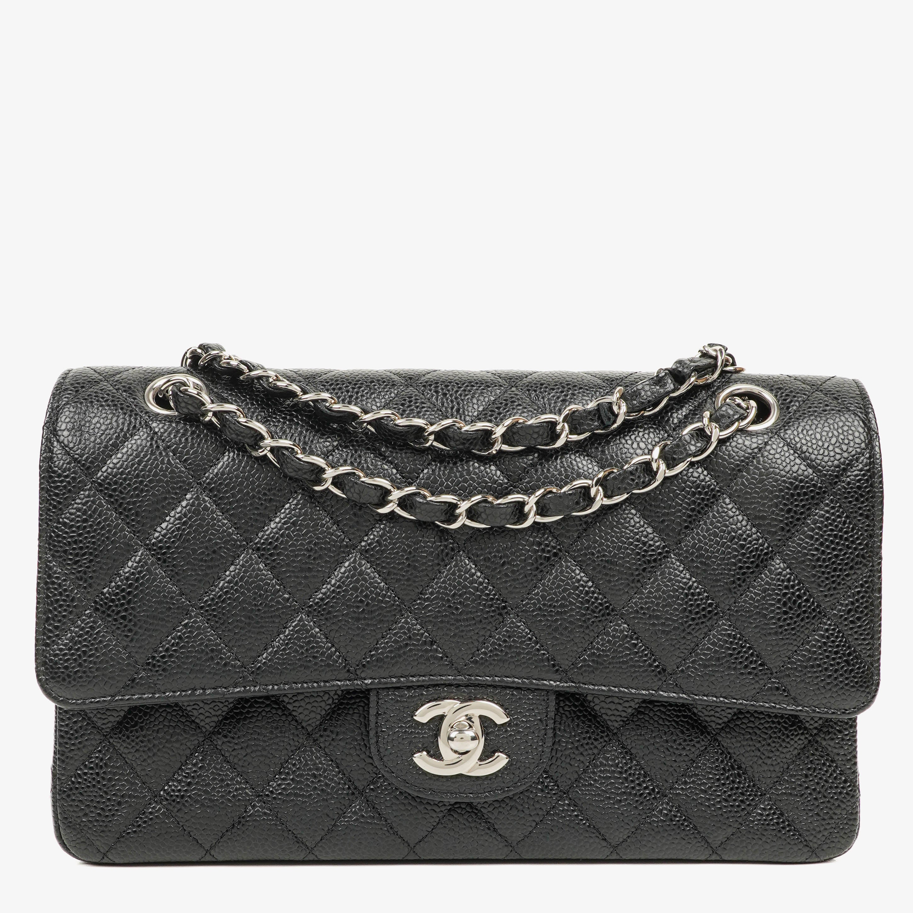 Chanel Medium Classic Black Quilted Caviar Double Flap Bag With Silver - Tone Hardware