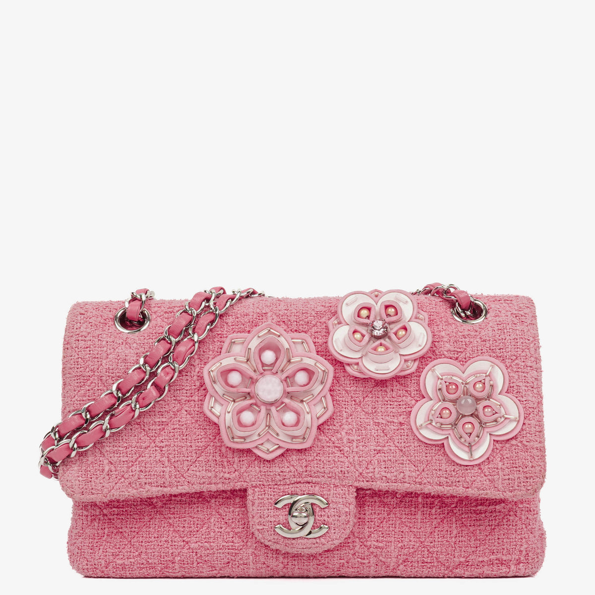 Chanel Classic Pink Tweed Crystal Bead Flower Embellished Quilted Medium Double Flap Bag With Silver Hardware