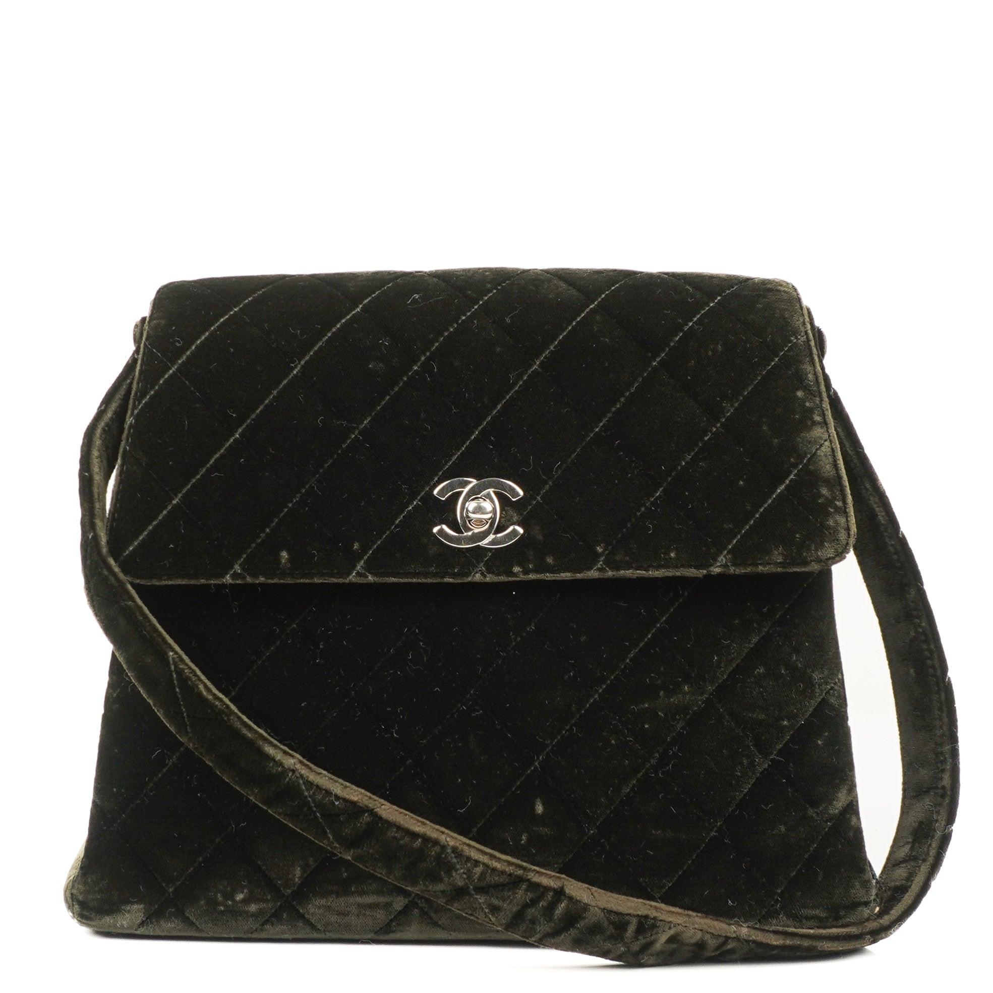 Chanel Samt Gestepptes Flap Schultertasche Olivgrün