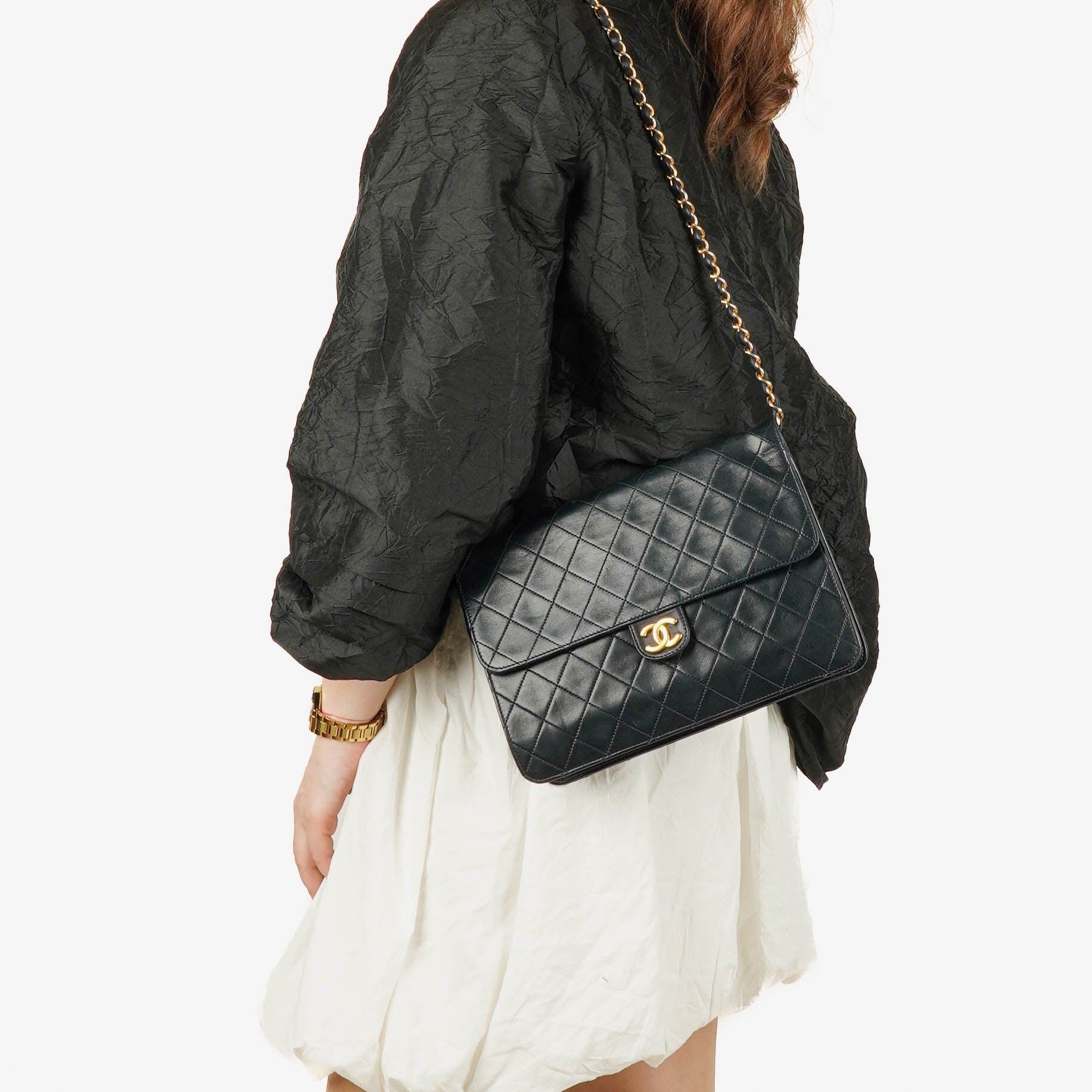 Borsa Chanel Classic Single Flap in Pelle di Agnello Trapuntata Blu Navy Scuro con Ferramenta Placcata Oro 24K