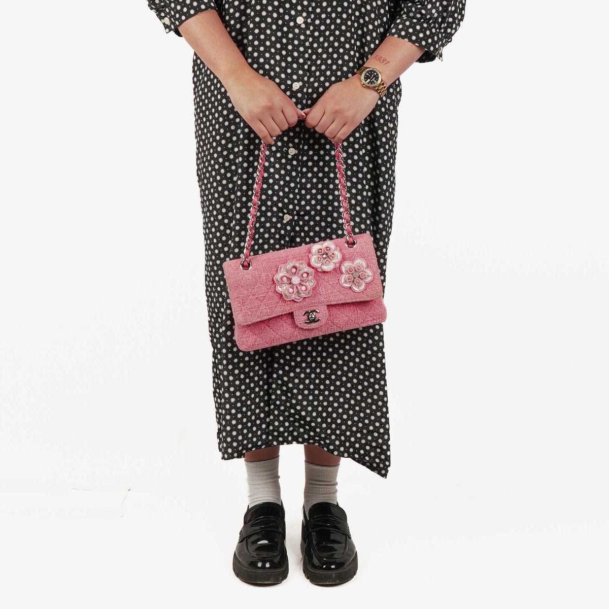 Chanel Classic Pink Tweed Crystal Bead Flower Embellished Quilted Medium Double Flap Bag With Silver Hardware
