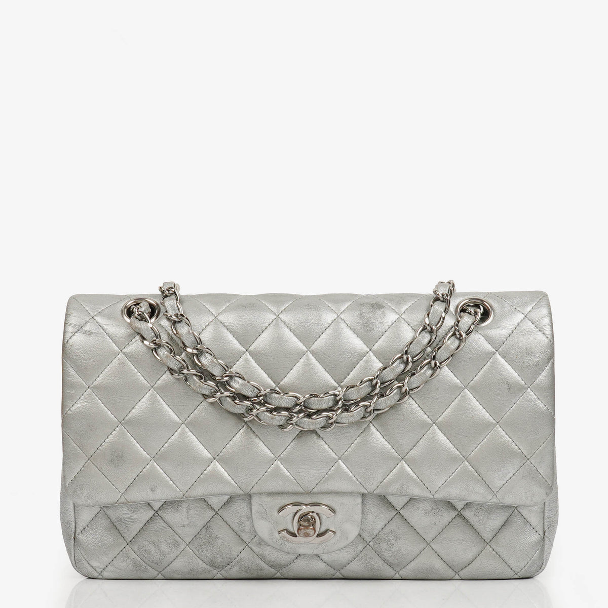 Chanel Classic Double Flap Bag Metallic Silver Quilted Lambskin With Silver-Tone Hardware