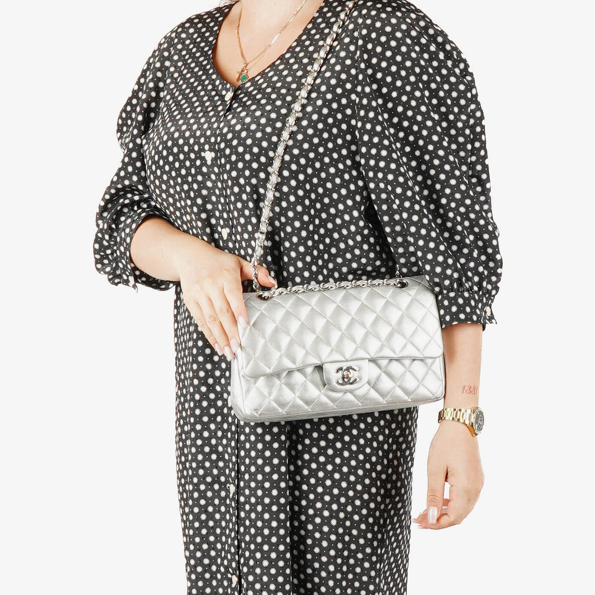 Chanel Classic Double Flap Bag Metallic Silver Quilted Lambskin With Silver-Tone Hardware