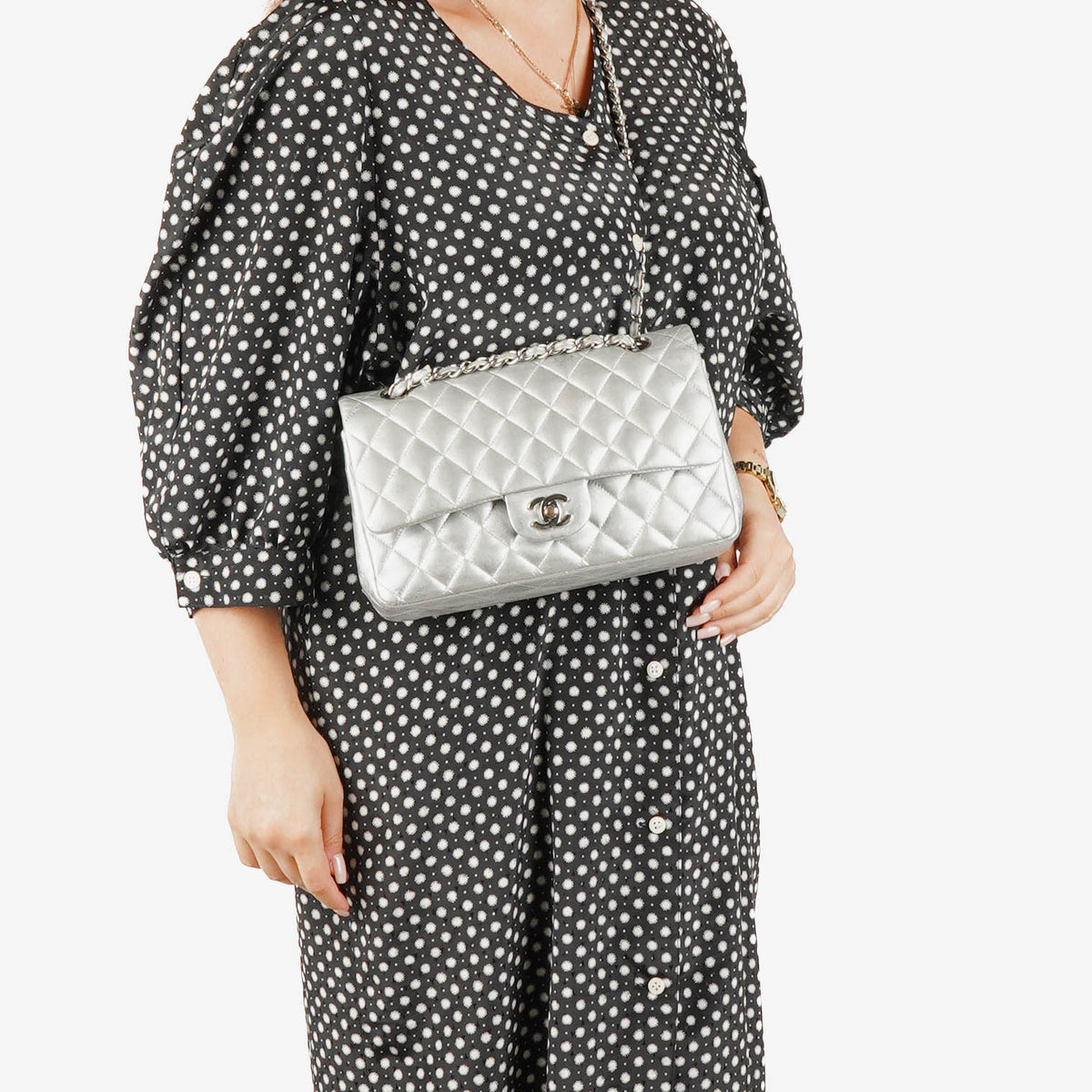 Chanel Classic Double Flap Bag Metallic Silver Quilted Lambskin With Silver-Tone Hardware