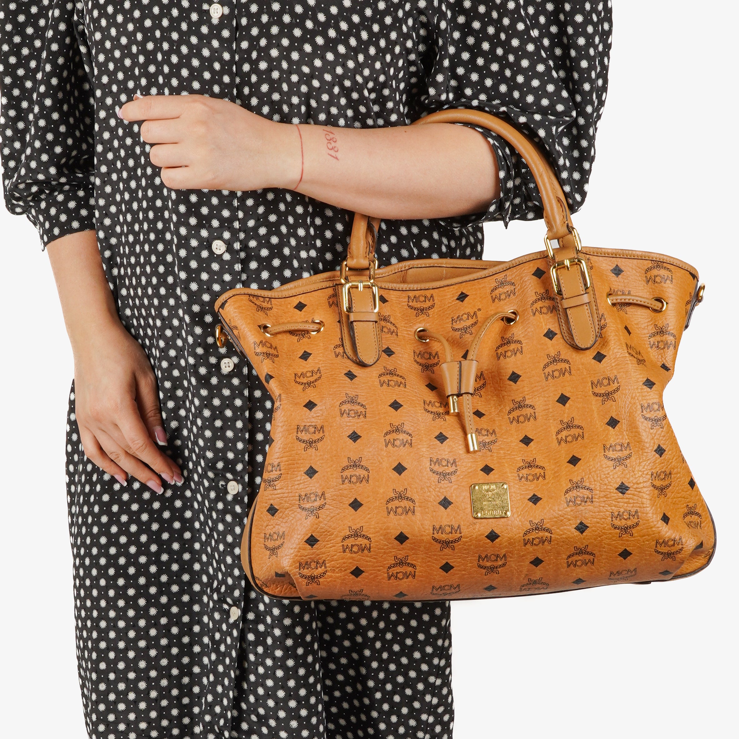 MCM Cognac Visetos Drawstring Tote Bag