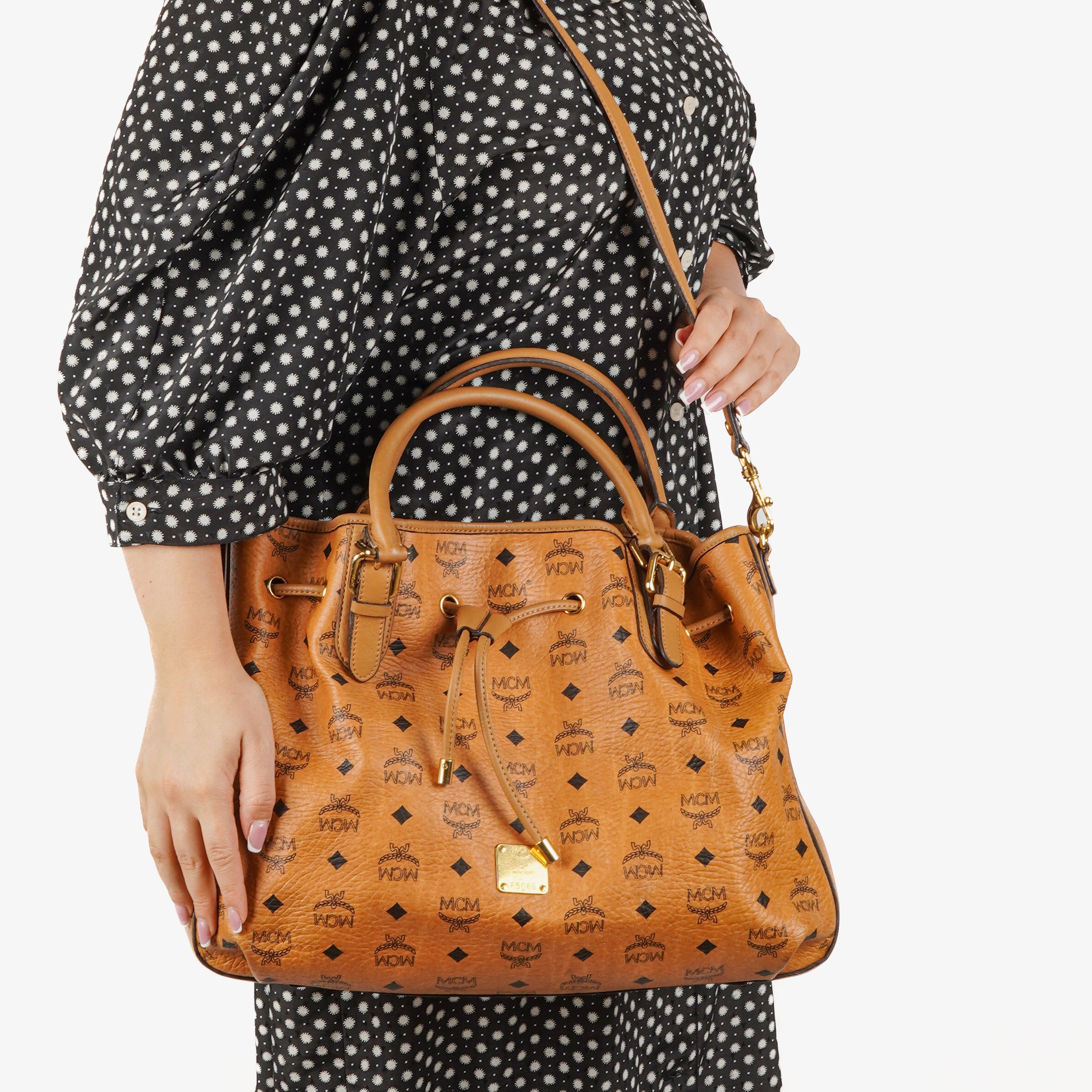 MCM Cognac Visetos Drawstring Tote Bag