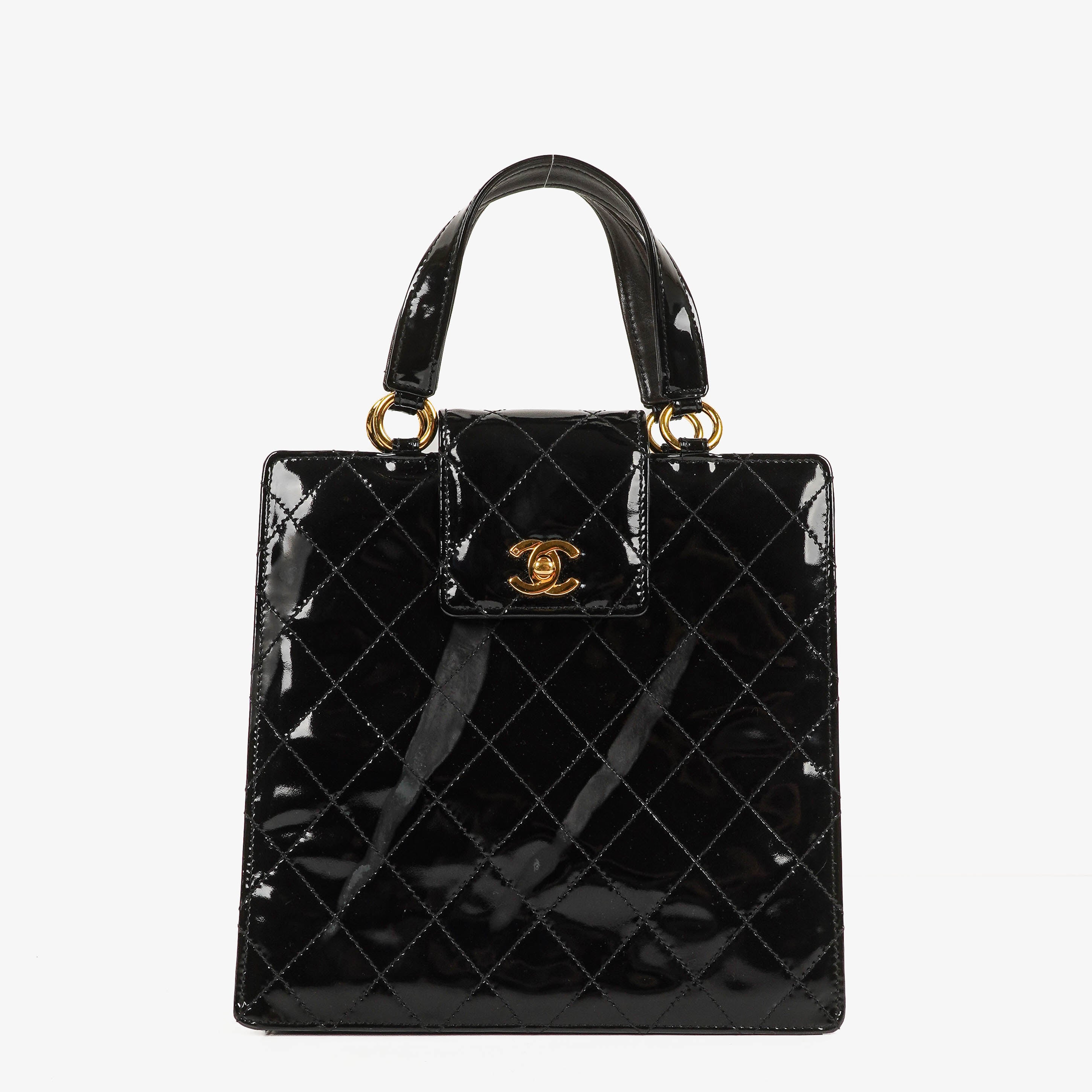 Chanel CC Black Quilted Patent Leather Handbag With 24K Gold-Plated Hardware