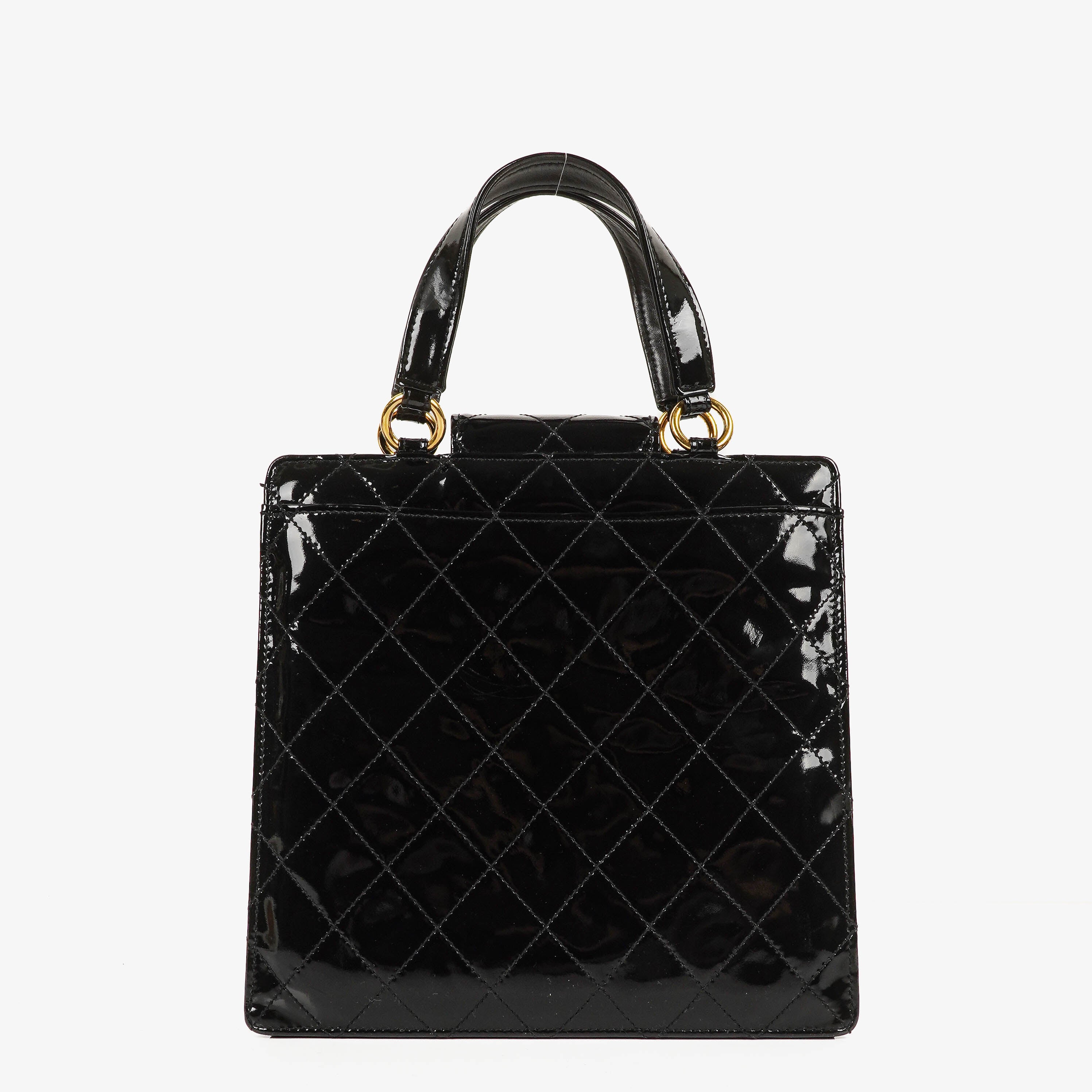 Chanel CC Black Quilted Patent Leather Handbag With 24K Gold-Plated Hardware