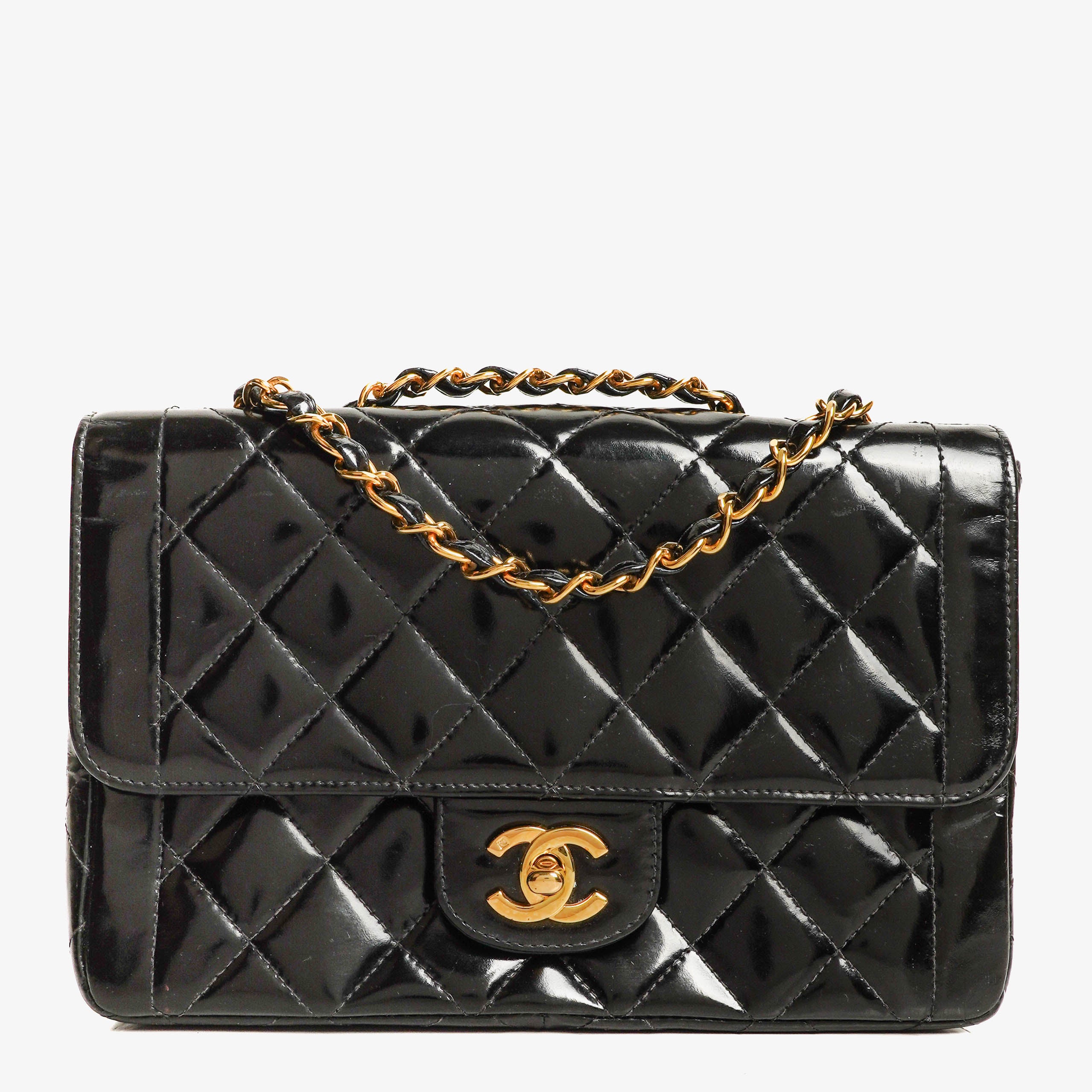 Chanel Single Flap Bag Black Quilted Patent Leather With 24K Gold-Plated Hardware