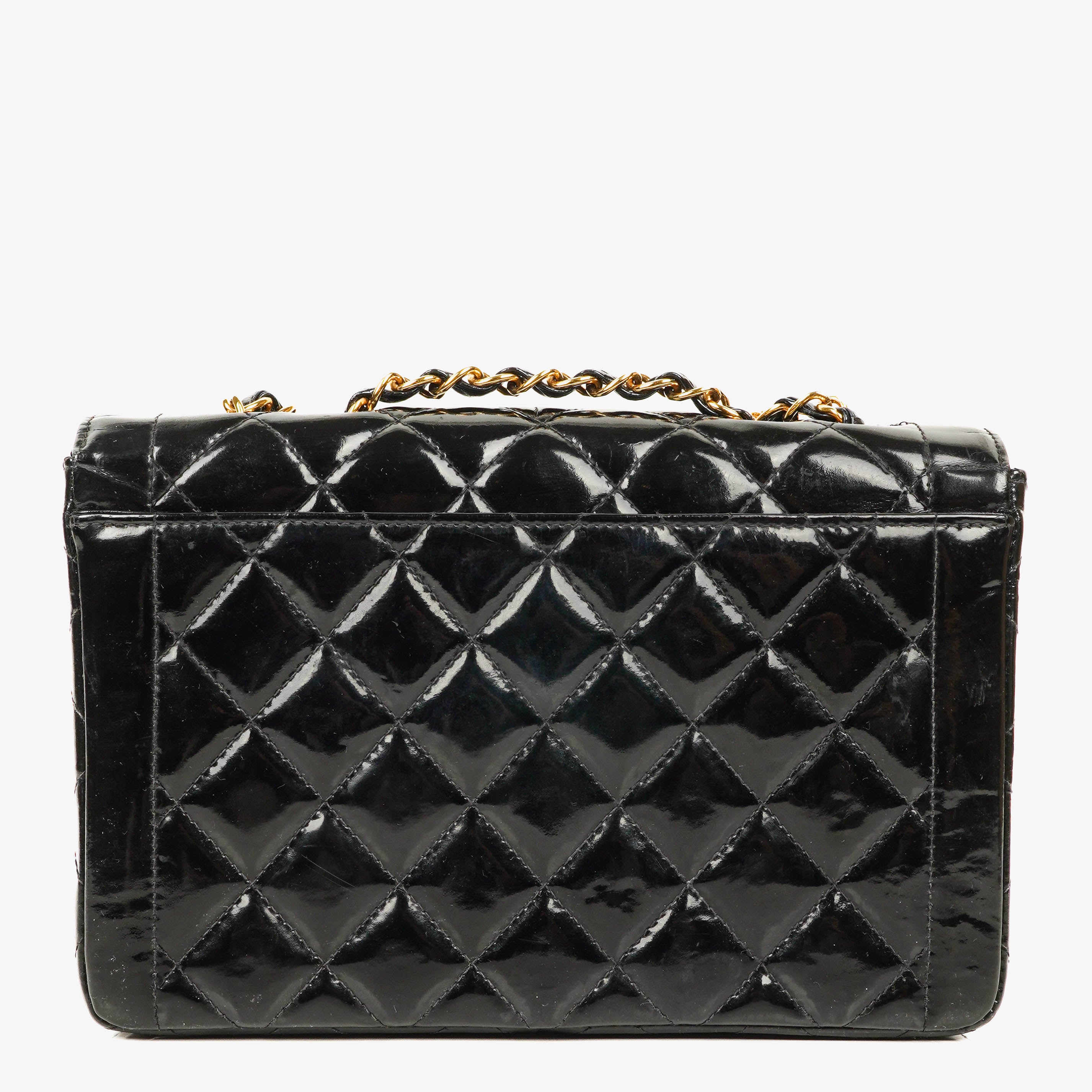 Chanel Single Flap Bag Black Quilted Patent Leather With 24K Gold-Plated Hardware