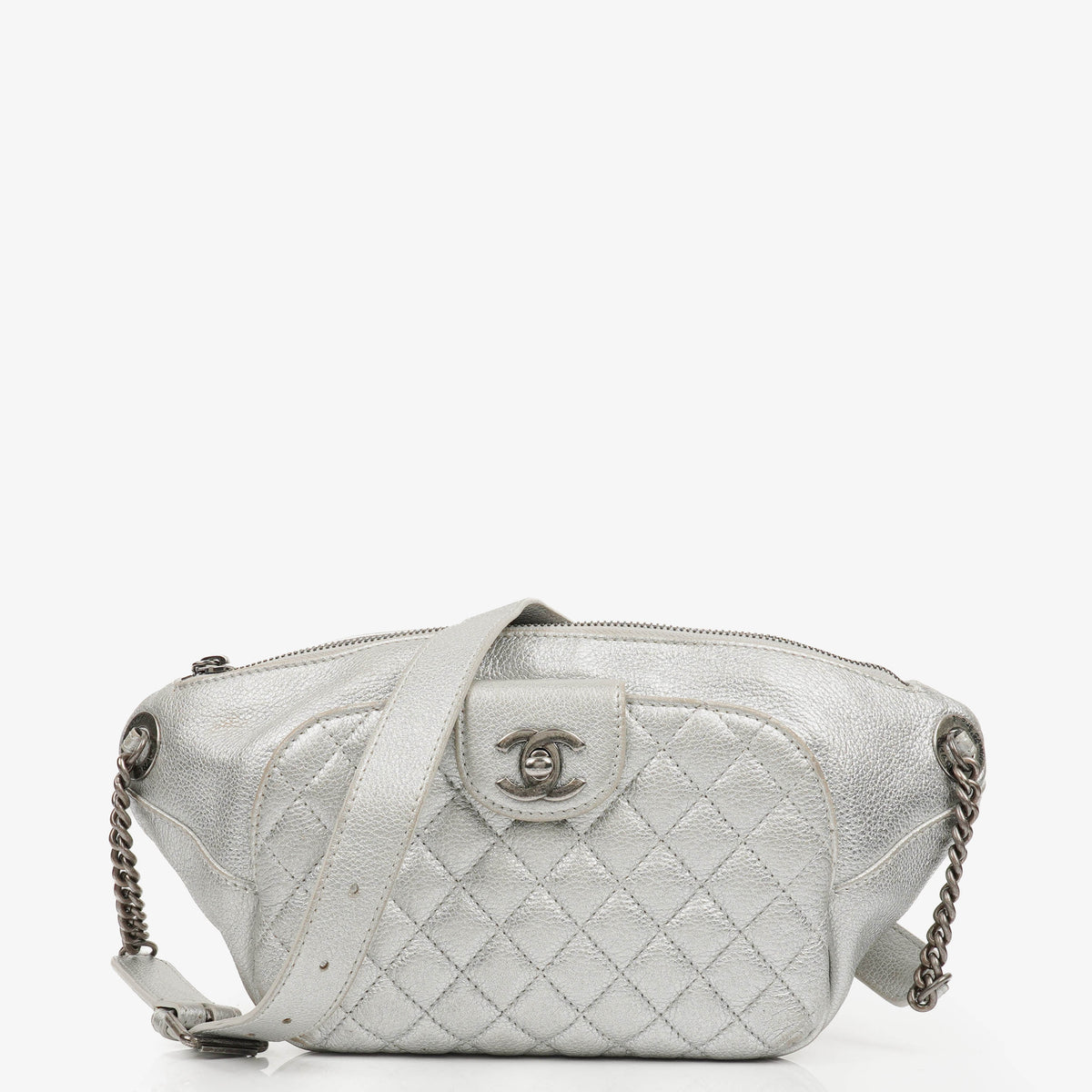 Chanel Silver Metallic Grained Calfskin Casual Rock Waist Bag