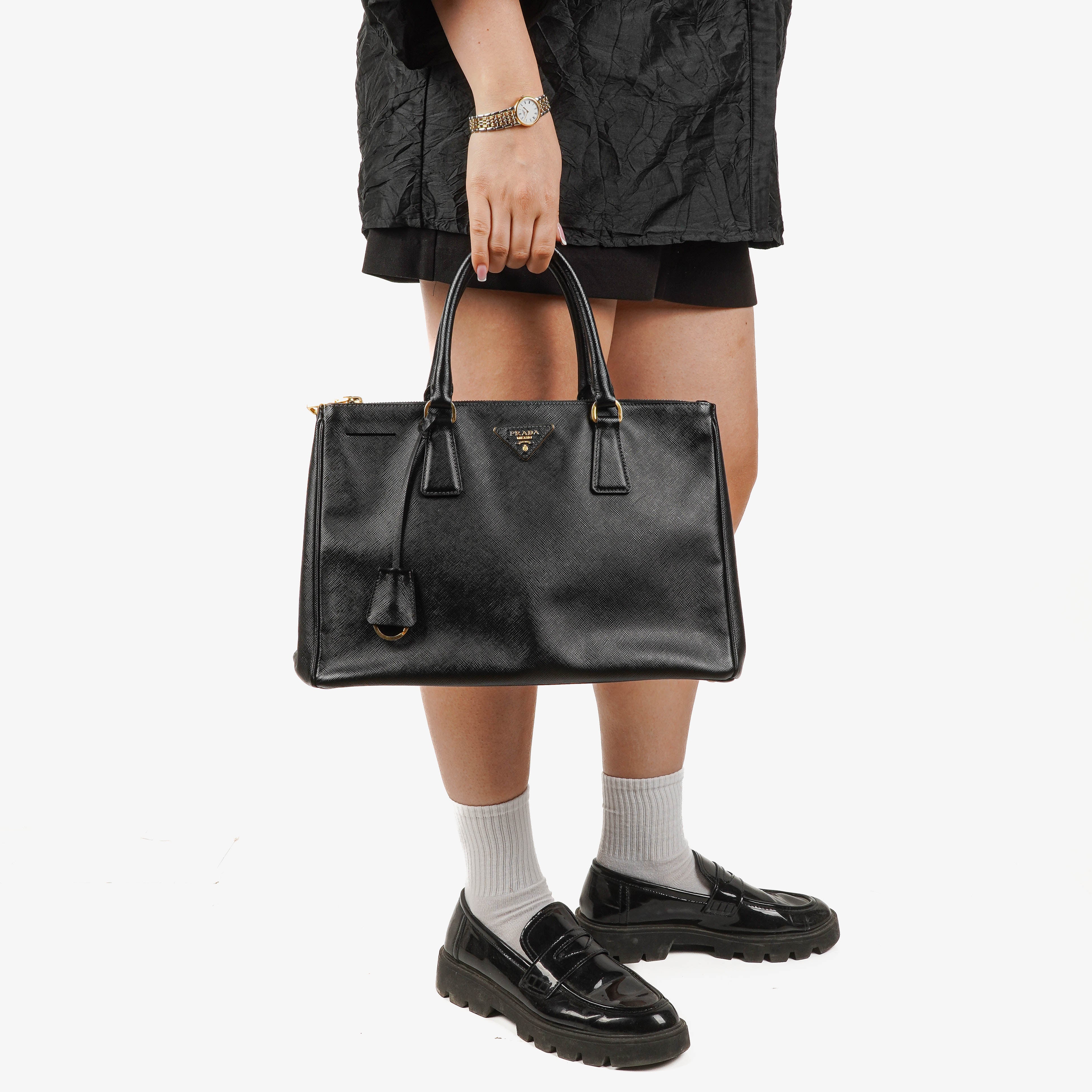 Prada Galleria Black Saffiano Lux Double Zip Tote Bag