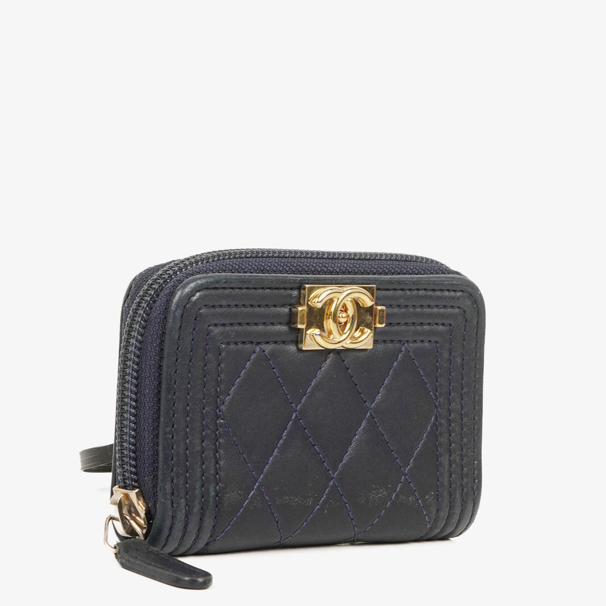 Chanel Quilted Navy Leather Boy Zip Coin Purse