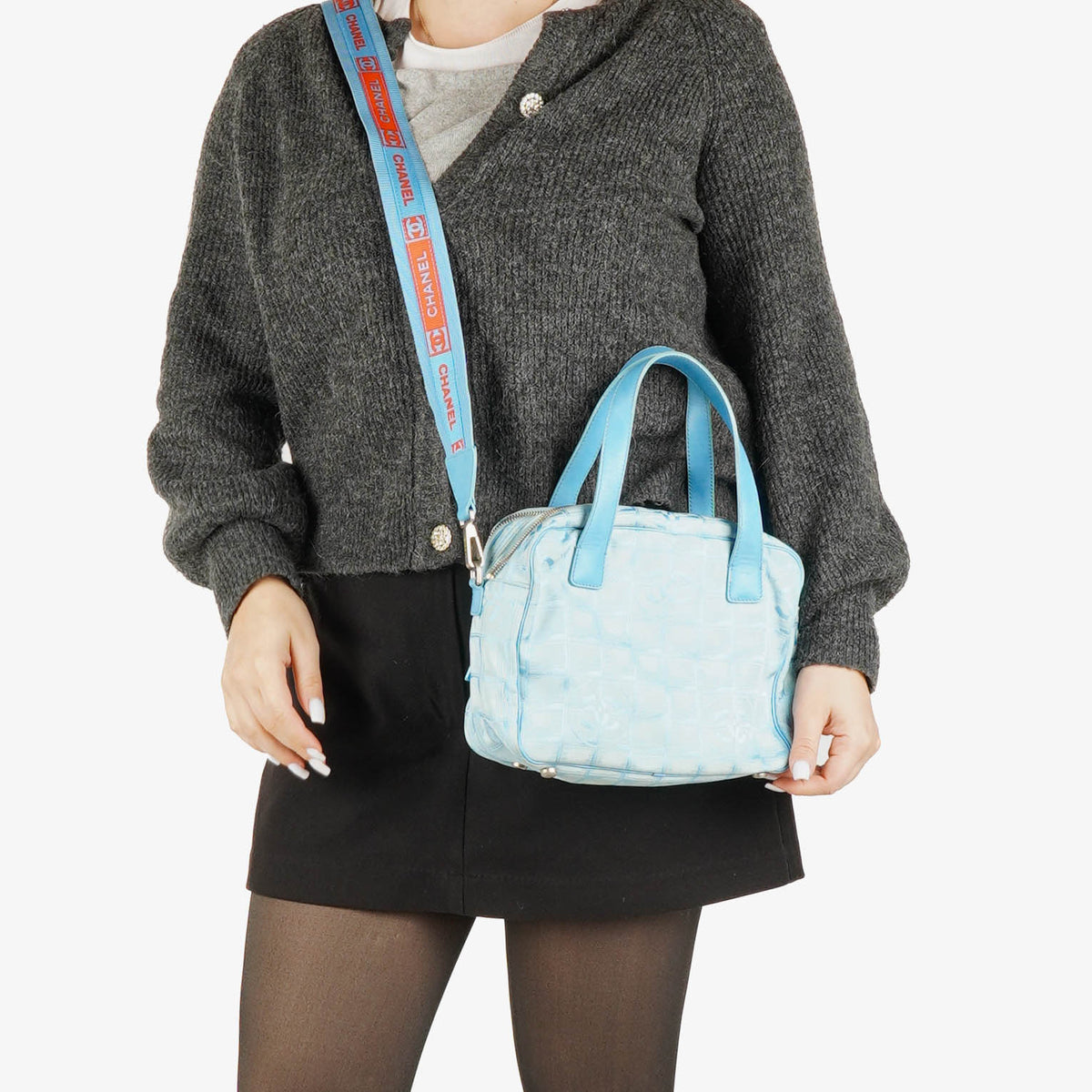 Chanel Travel Line Light Blue Nylon CC Logo Bag