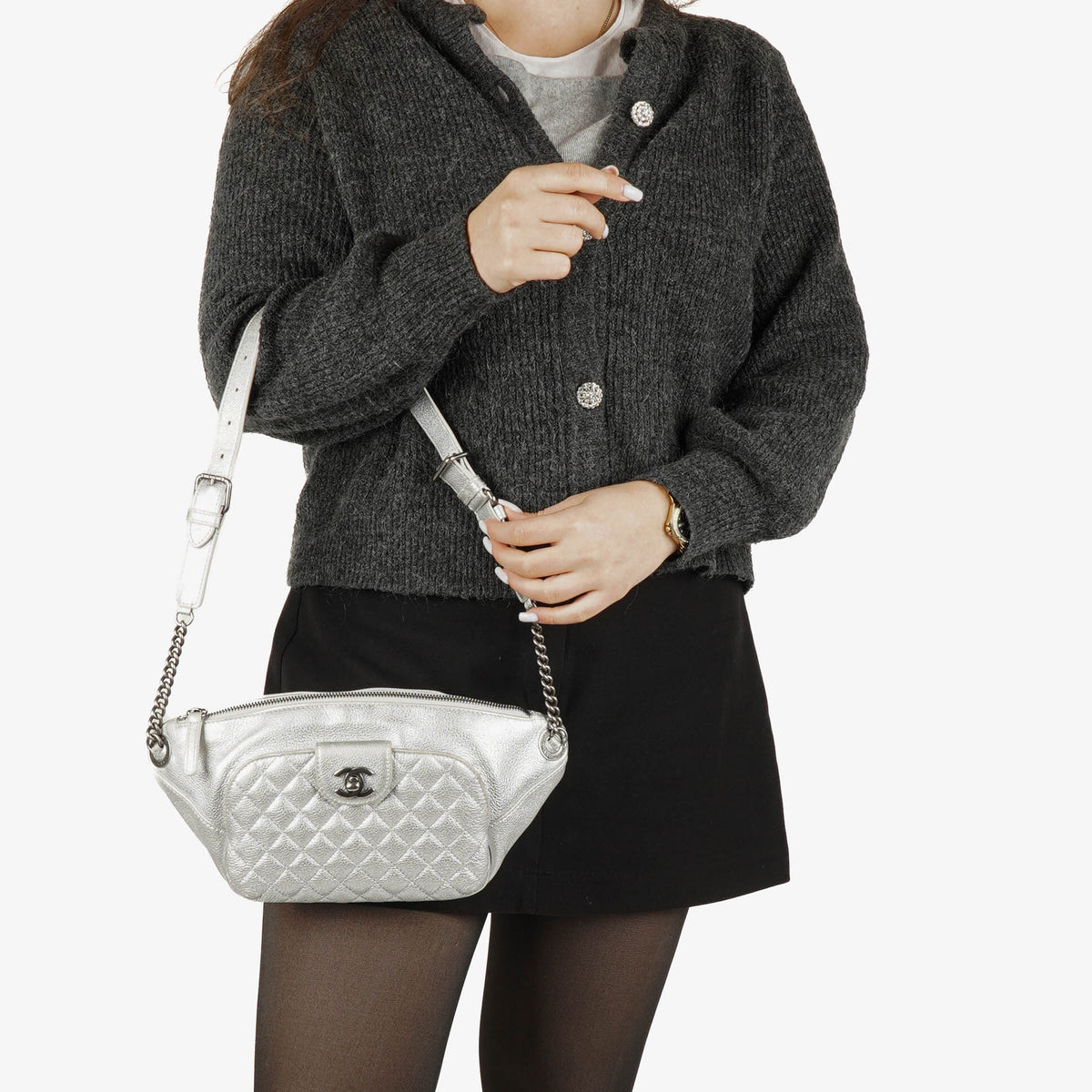 Chanel Silver Metallic Grained Calfskin Casual Rock Waist Bag