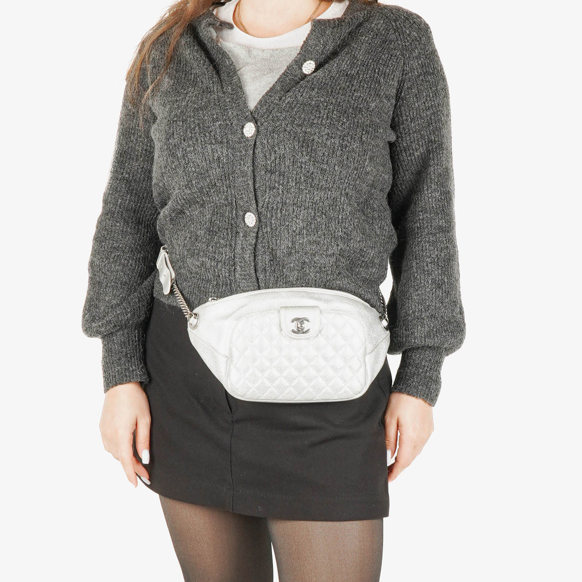 Chanel Silver Metallic Grained Calfskin Casual Rock Waist Bag