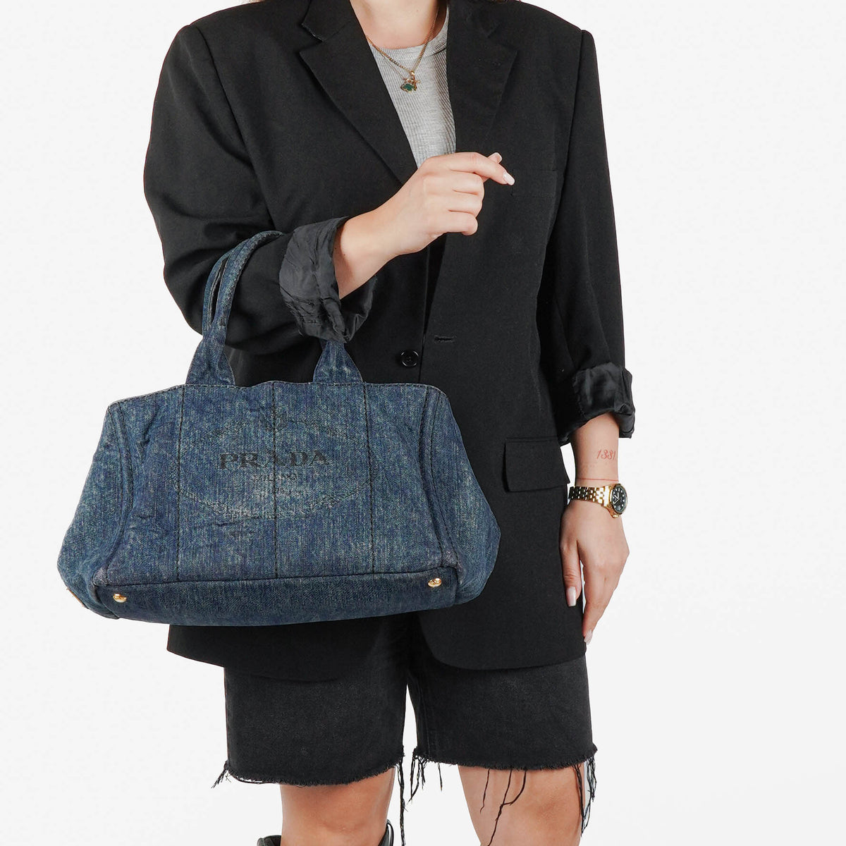 Prada Avio Denim Logo Tote Bag