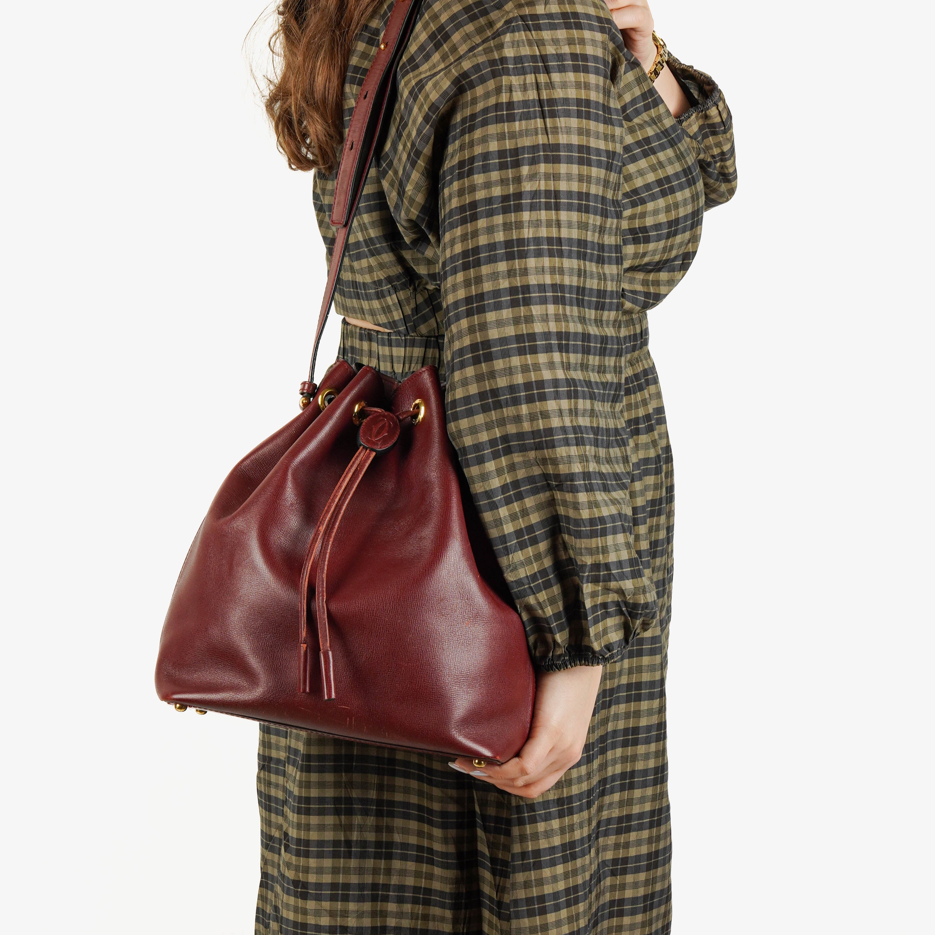 Cartier Bucket Kordelzug Burgunderrote Ledertasche