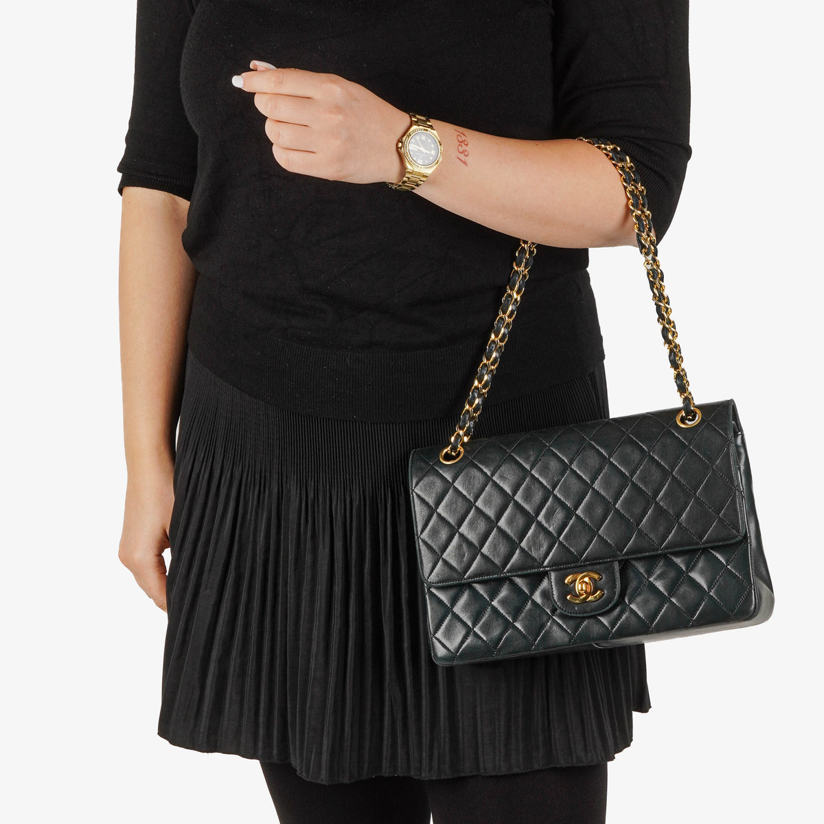 Chanel Vintage Classic Medium Double Flap Bag in Quilted Black Lambskin with 24-karat Gold-Plated Hardware