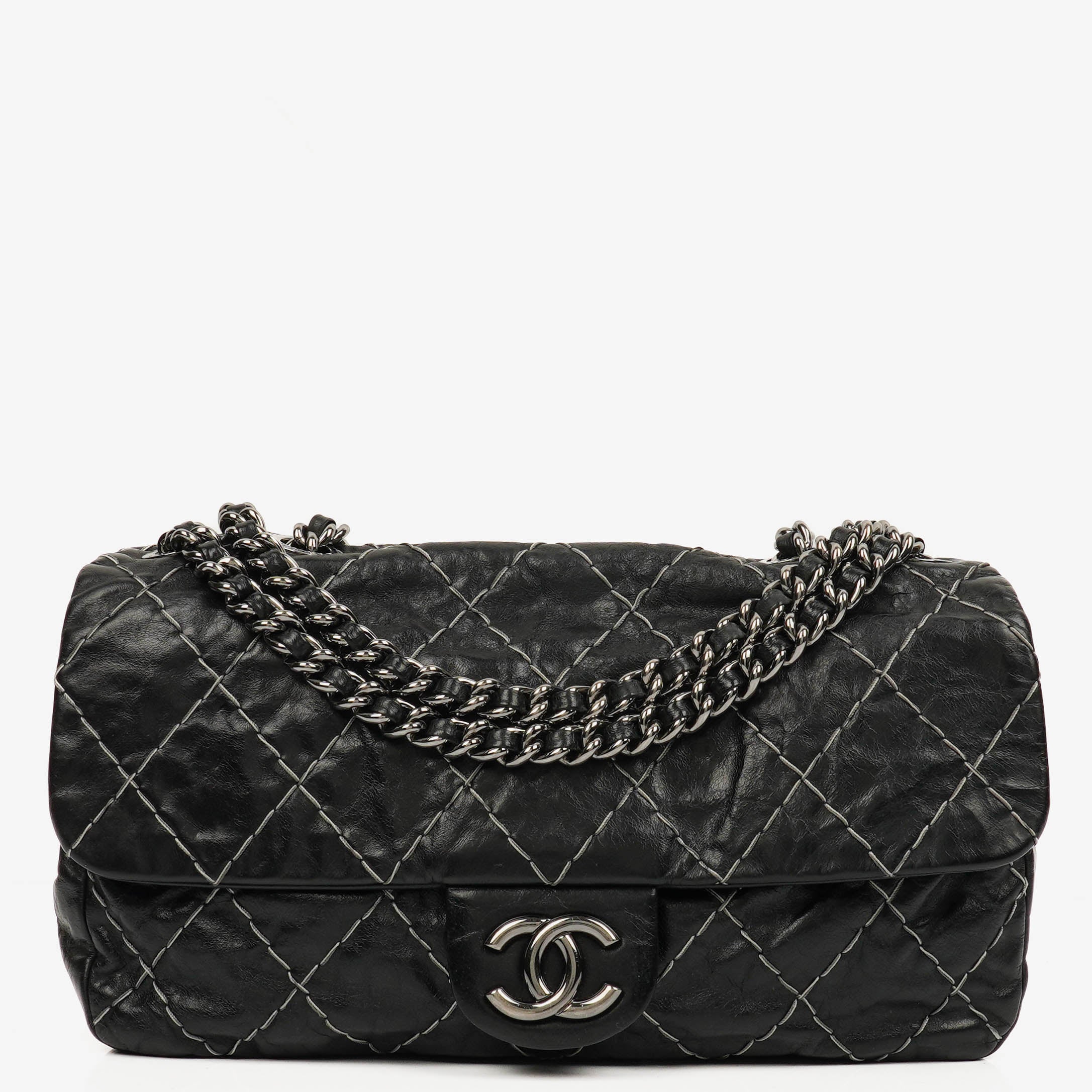 Chanel Black Quilted Glazed Calfskin Double Stitch Flap Bag
