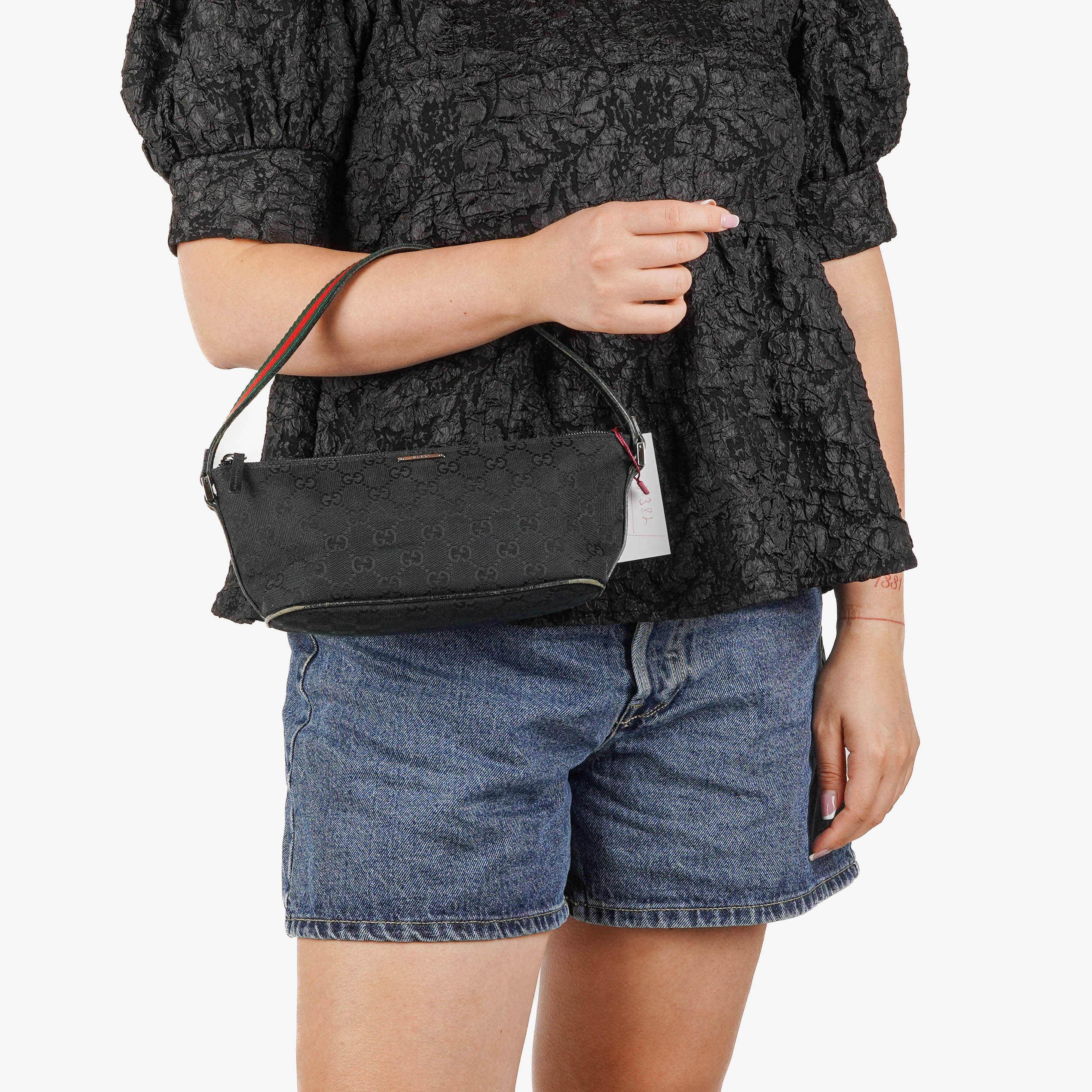 Gucci Baguette Pochette Boat Black GG Monogram Bag