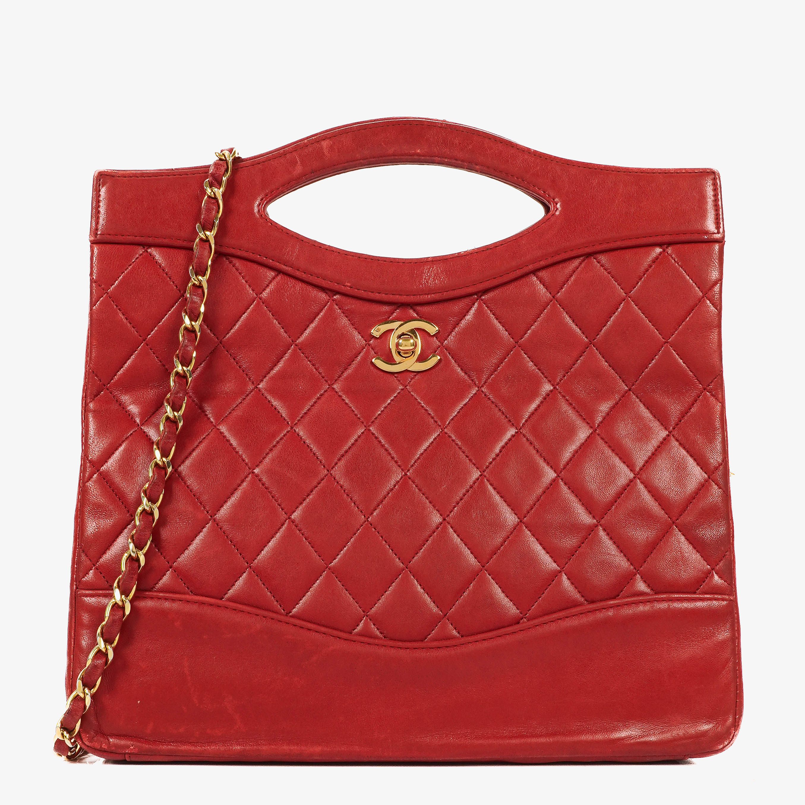Chanel Red Lambskin Quilted Small 31 Vintage Shopping Tote Bag