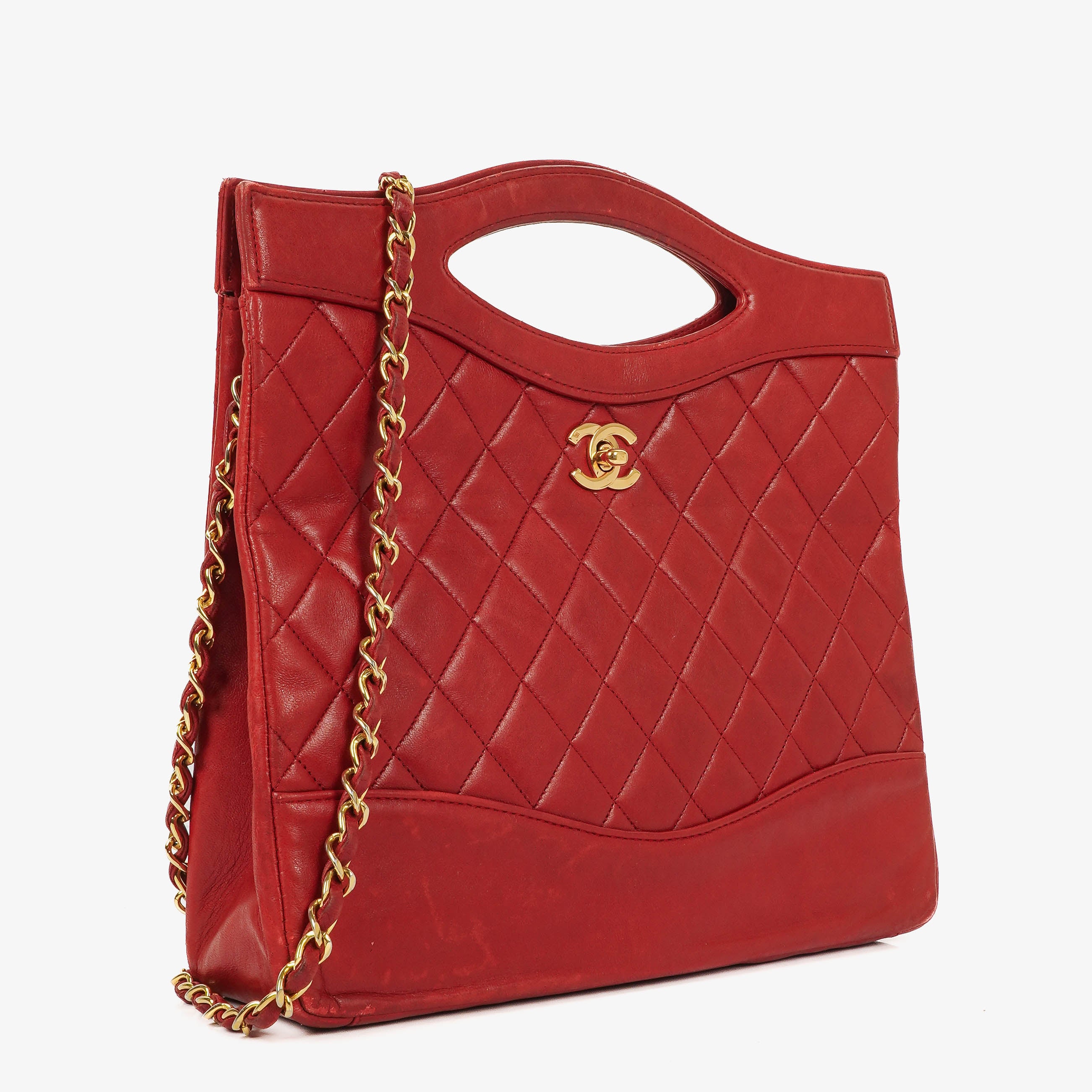 Chanel Red Lambskin Quilted Small 31 Vintage Shopping Tote Bag