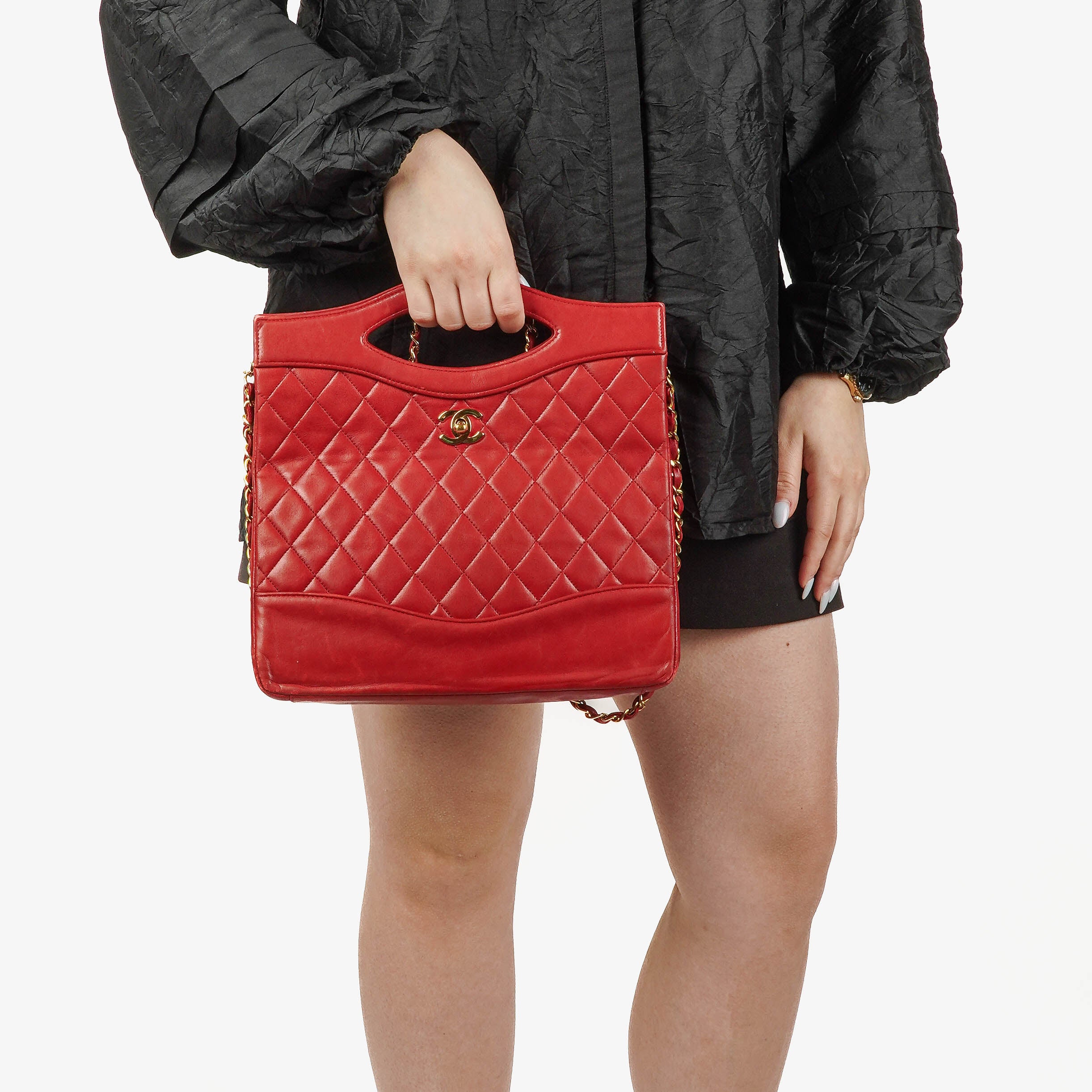 Chanel Red Lambskin Quilted Small 31 Vintage Shopping Tote Bag