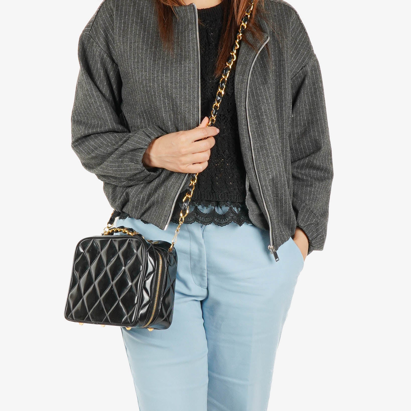 Chanel Lunch Box Black Quilted Patent Leather Tote Bag
