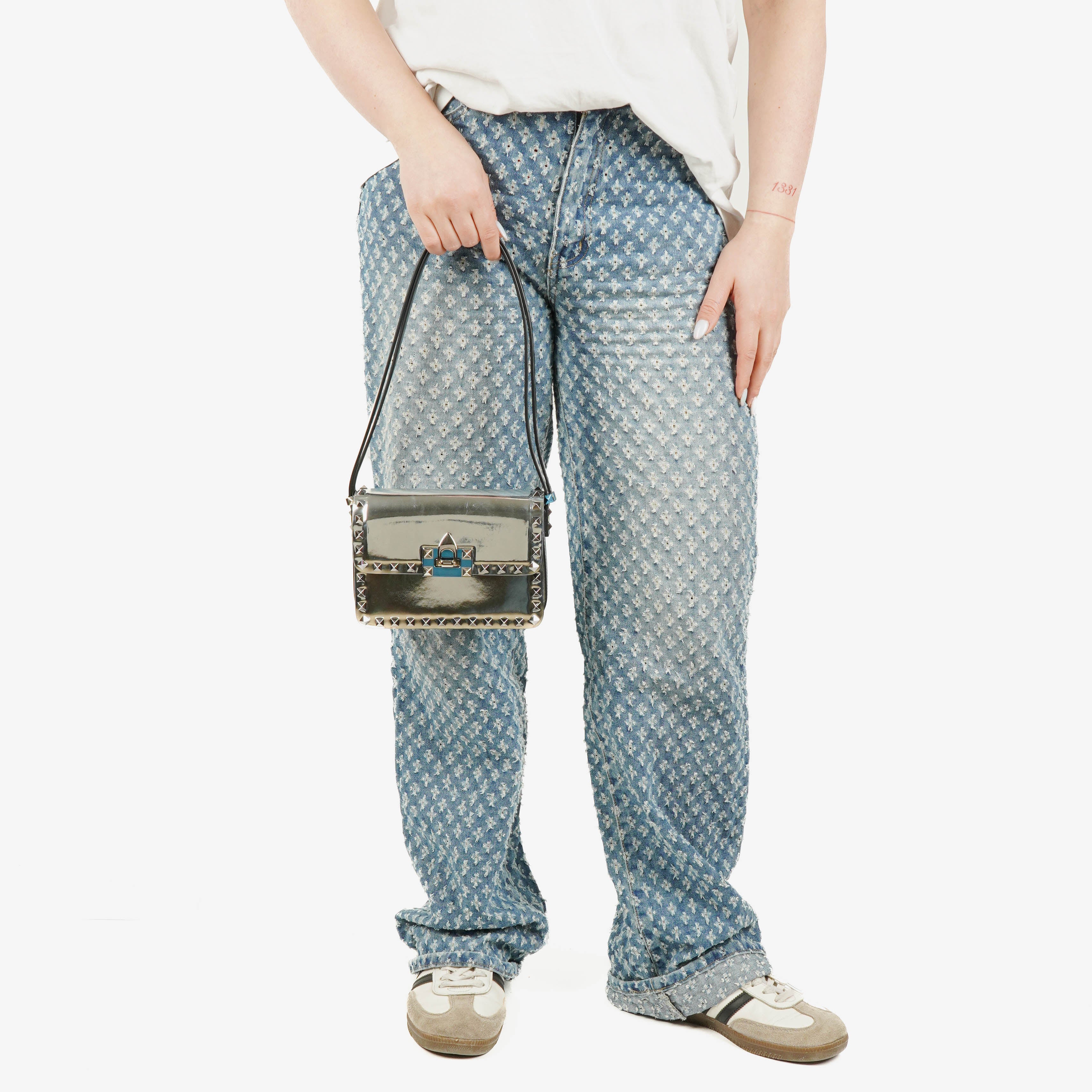Valentino Garavani Silver Mirror Calfskin Small Rockstud Shoulder Bag