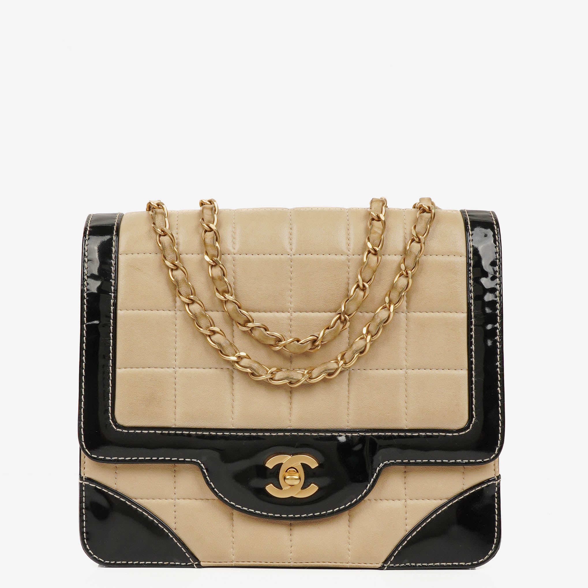 Chanel Vintage Chocolate Bar Square Single Flap Beige Quilted Leather/Patent Leather Chain Shoulder Bag