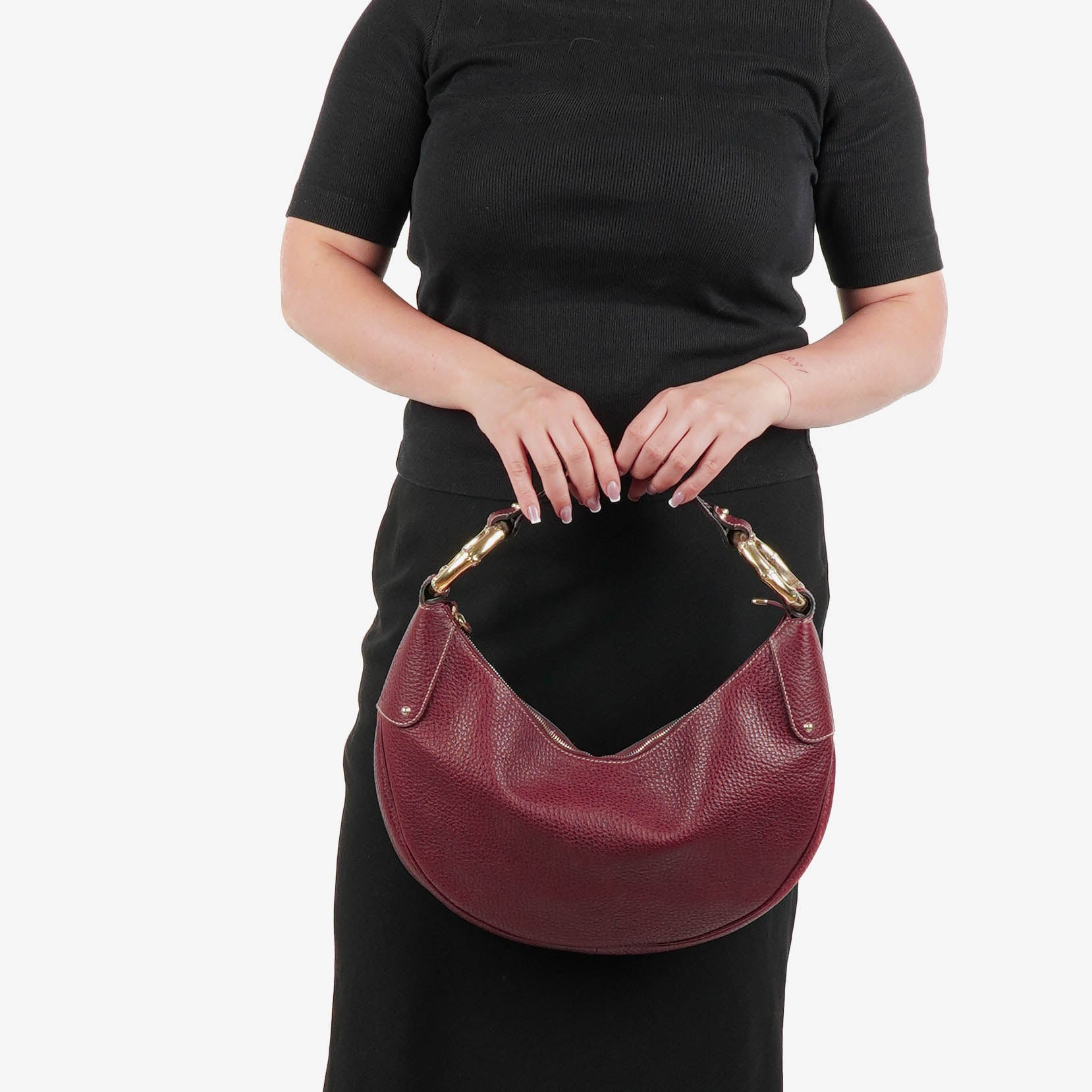 Gucci Bordeaux Pebbled Leather Bamboo Ring Hobo Bag