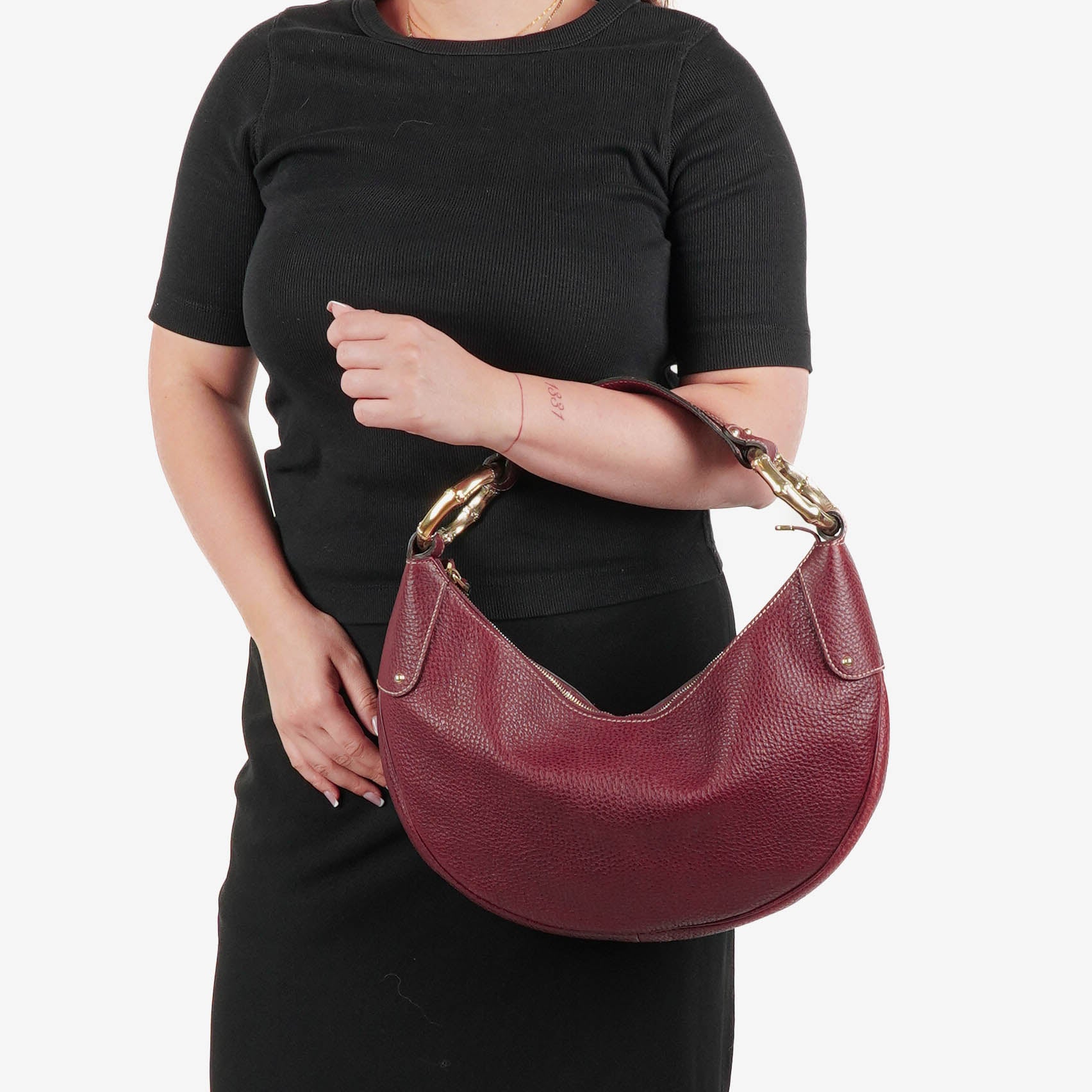 Gucci Bordeaux Pebbled Leather Bamboo Ring Hobo Bag